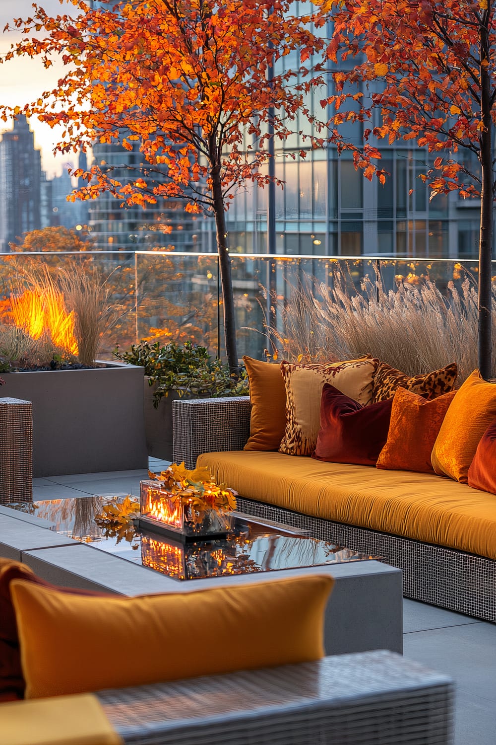 An outdoor rooftop patio featuring modern wicker seating with vibrant orange cushions and decorative pillows in shades of gold, burgundy, and animal print. The setting is enhanced by autumnal trees with bright orange leaves, tall grasses in planters, and glass-topped tables with fall-themed centerpieces. A cityscape is visible in the background.