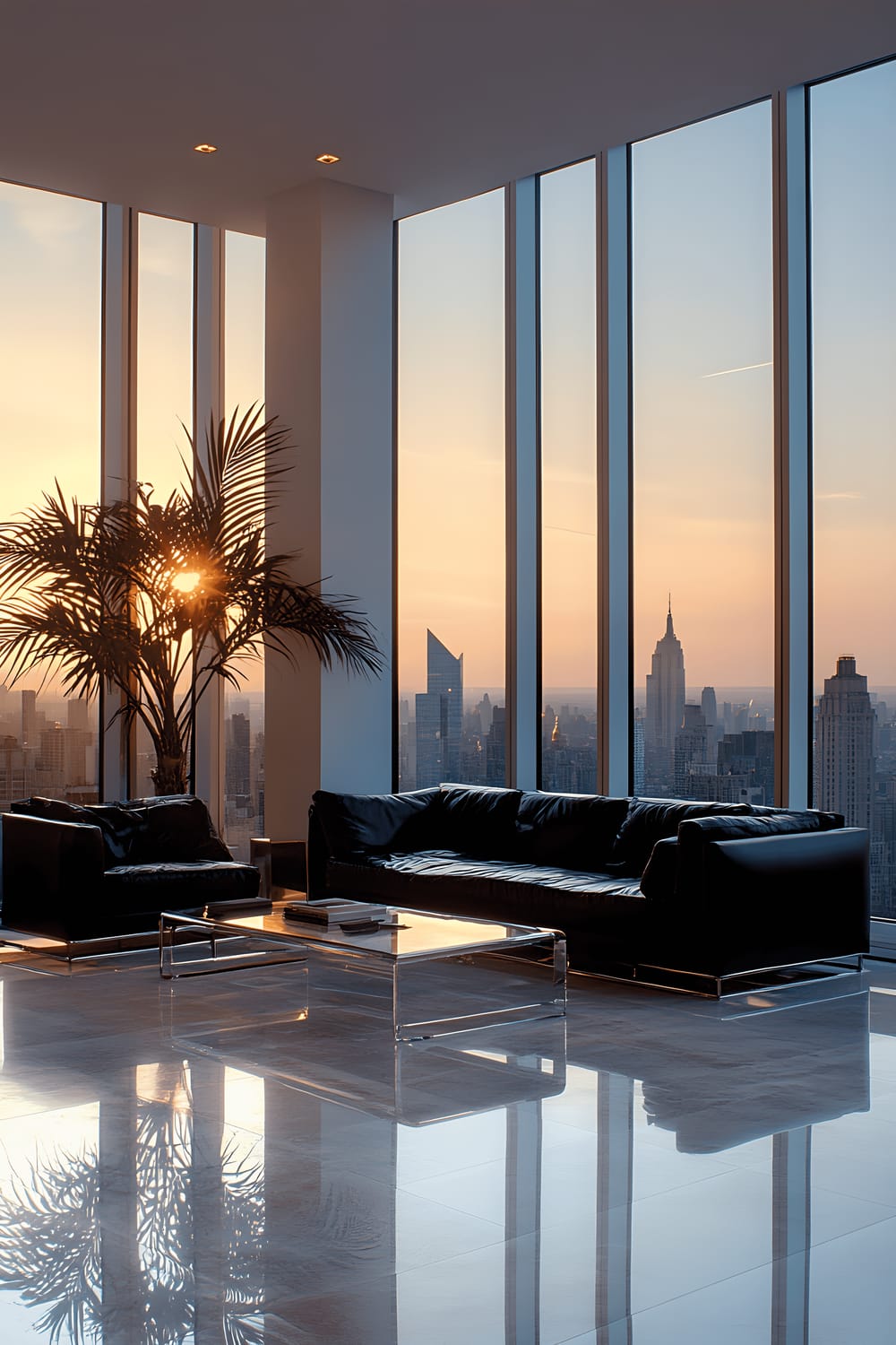 A spacious and minimalist living room in a New York penthouse with floor-to-ceiling windows providing an panoramic view of the city skyline. The decor includes a sleek black leather sofa, a chrome and glass coffee table, and an elegant Sago Palm. The evening light filtering in gives the room a warm, golden glow.