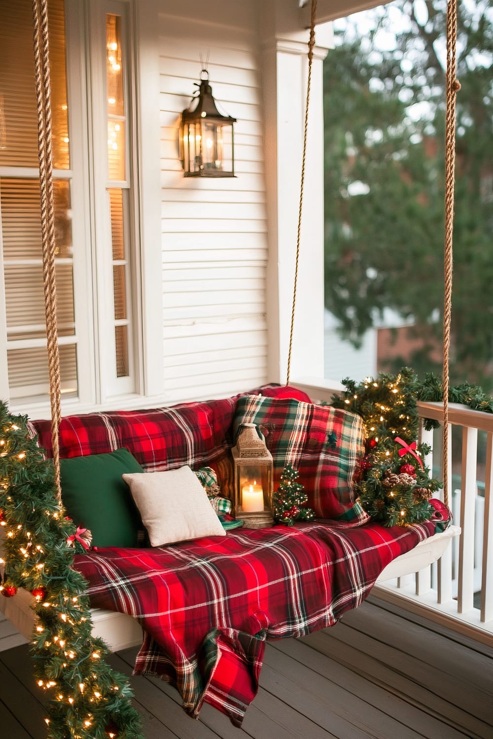 An inviting porch swing adorned for the holiday season with a red plaid blanket and coordinating pillows. The swing is accented by festive greenery with twinkling lights and decorative elements, such as miniature Christmas trees and a lantern with a lit candle. The background includes a white painted wall with windows and a traditional lantern-style wall light.