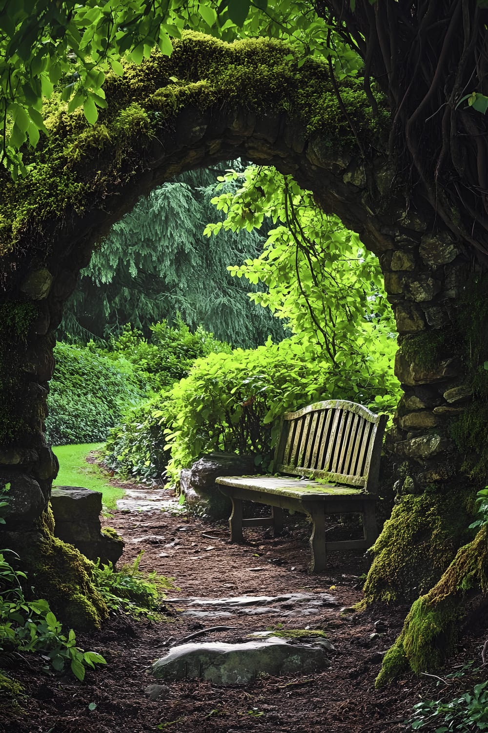 A mossy stone archway leads into a secluded garden. Underneath an old oak tree, a wooden bench provides a quiet place to sit. Jasmine flowers bloom and permeate their fragrance throughout the area, making it an ideal spot for peaceful reading.