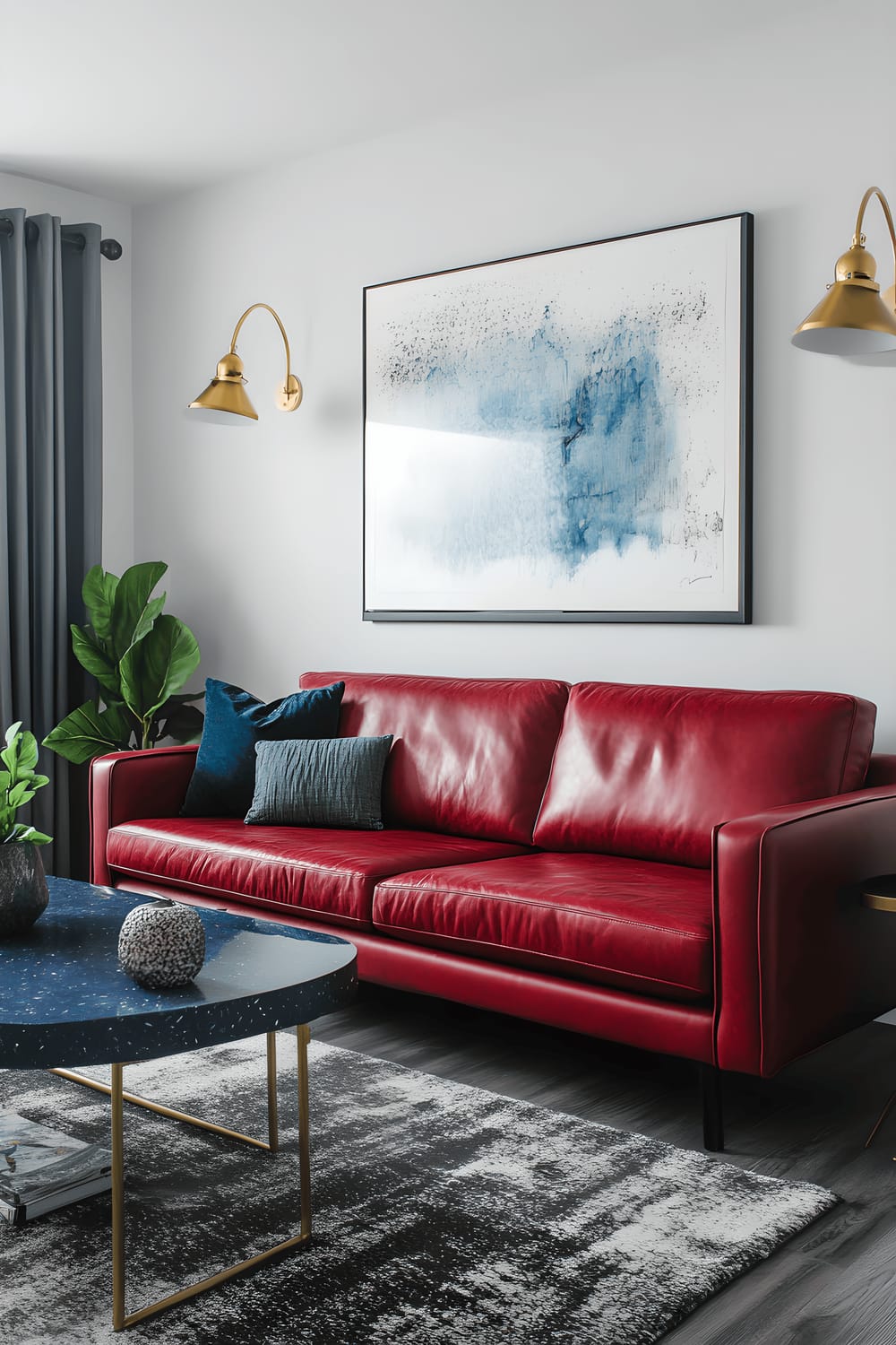 A picture of a contemporary living room featuring a crimson leather sofa at the center. The furniture includes matte black marble side tables and a cobalt blue metal coffee table. Underneath the furniture is a plush charcoal gray rug. Gold leafed brass lighting fixtures illuminate the room. The room's decor consists of a single emerald green plant and an abstract artwork.