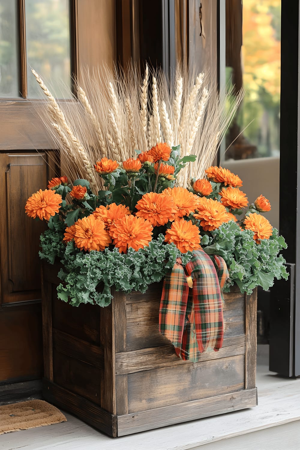 An autumnal outdoor planter made from a large, rustic wooden crate. The crate is brimming with orange chrysanthemums, green ornamental kale, and small pumpkins, interspersed with sprigs of wheat. A plaid ribbon with shades of brown, black, and orange is draped across the front of the crate.