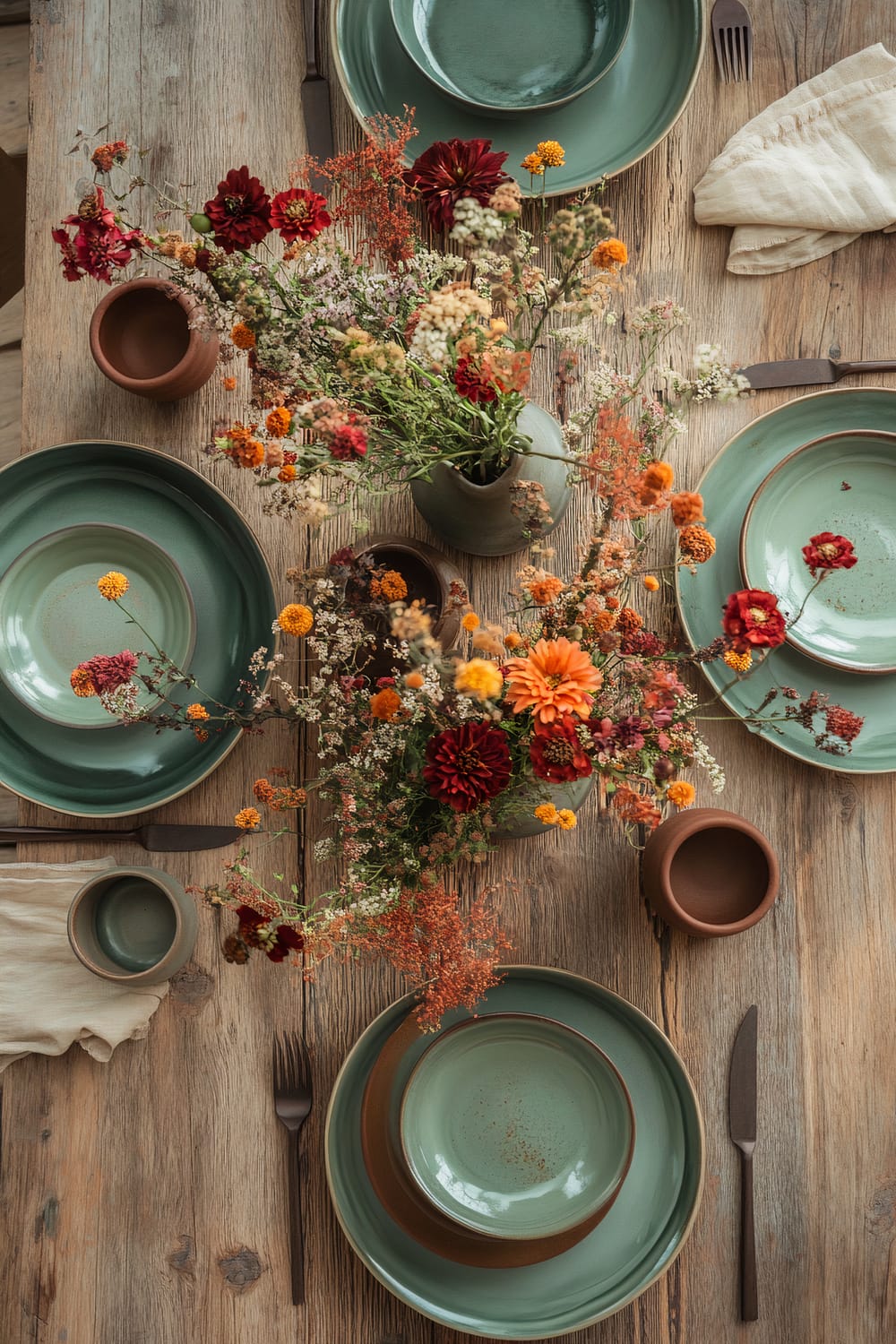 A rustic dining table set with green ceramic plates, bowls, and mugs. The table features a centerpiece of vibrant autumnal flowers in shades of red, orange, and yellow, arranged organically. Beige linen napkins are placed next to each setting, and the cutlery consists of dark-handled forks and knives.