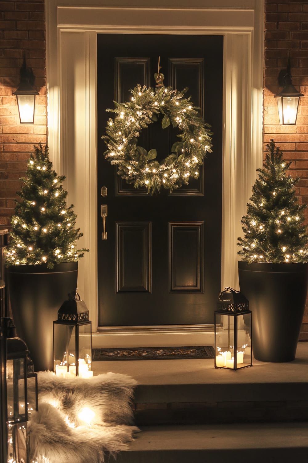 A simple, elegant Christmas front porch featuring a sleek black door with a large, symmetrical wreath made of eucalyptus and white berries. Two tall, black planters with neatly trimmed evergreen topiaries sit on either side of the entrance, each wrapped with delicate string lights. The porch railings are adorned with white fairy lights, and small, polished lanterns with warm glowing candles rest on the steps. A soft, fur-lined doormat adds a cozy touch, creating a clean and stylish look for the holidays.