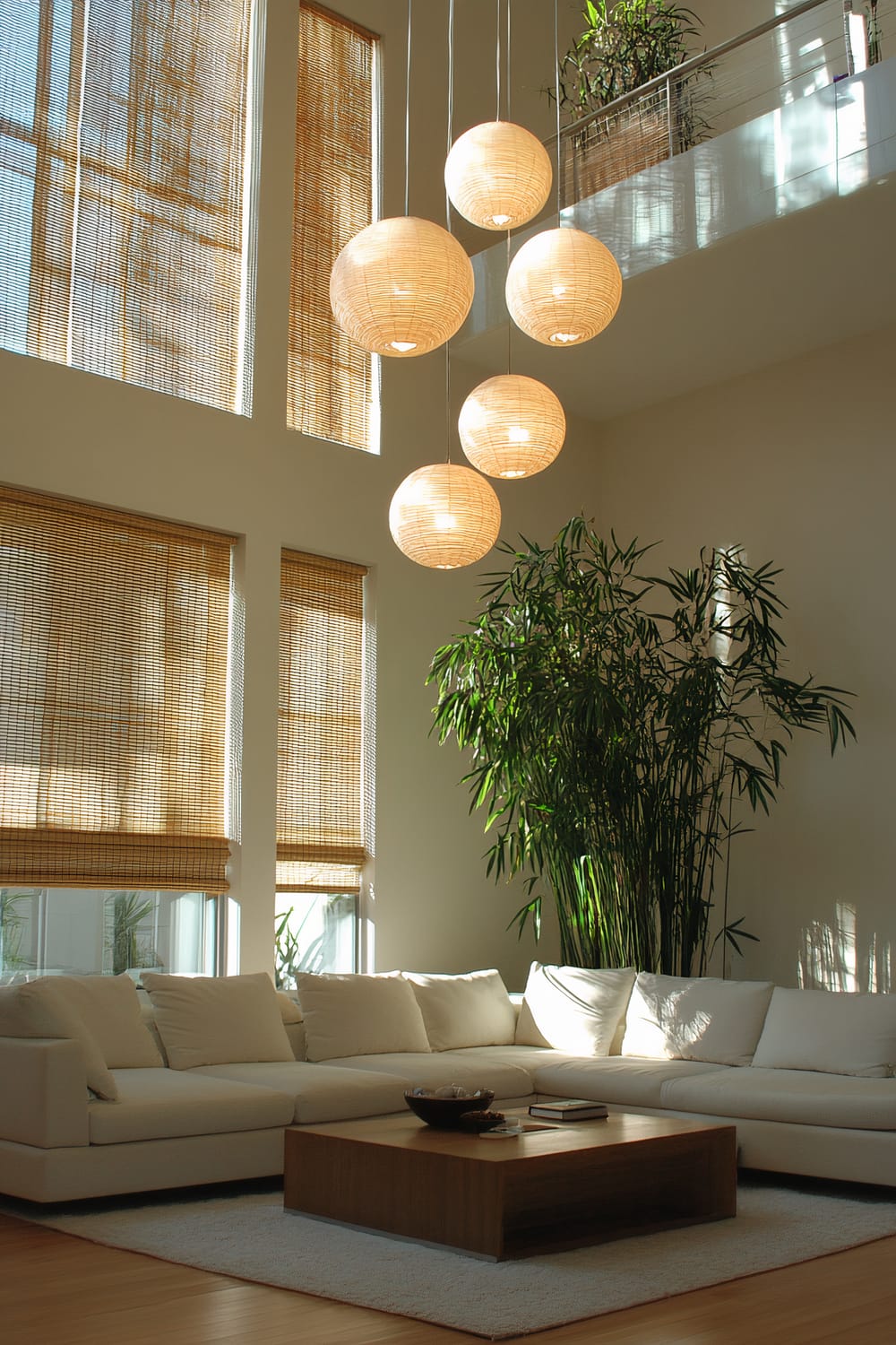 A modern living room with a tall ceiling, featuring clusters of pendant lights, a white low-profile sectional sofa, a minimalist wooden coffee table, large windows with bamboo shades, and a tall indoor plant.