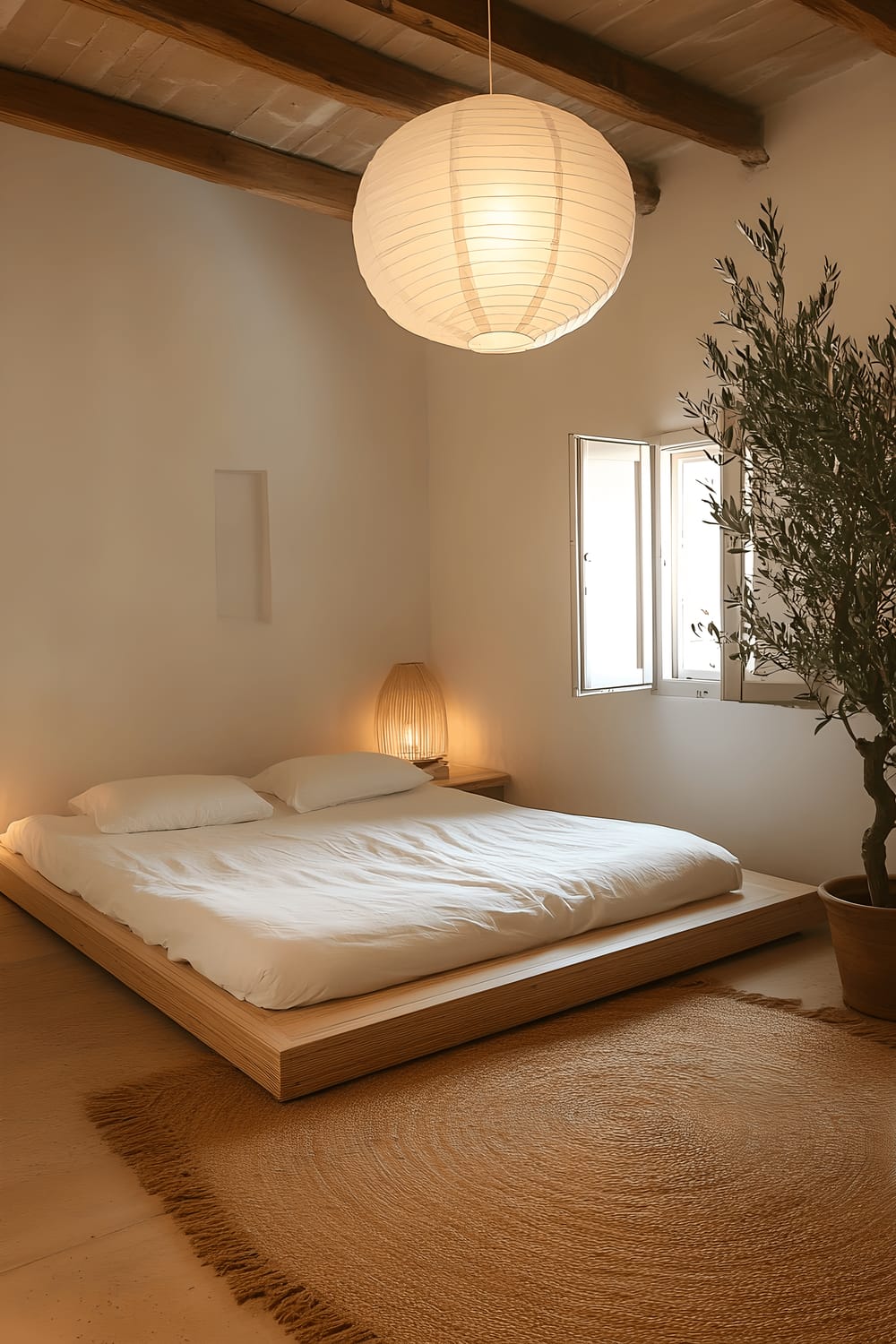 A modern bedroom featuring a low wooden platform bed with crisp white linen bedding. The floor is covered by a woven jute area rug. Above the bed hangs an oversized paper lantern pendant light. A single, potted olive tree adds a touch of greenery in the corner of the room. The ambiance is peaceful and airy.