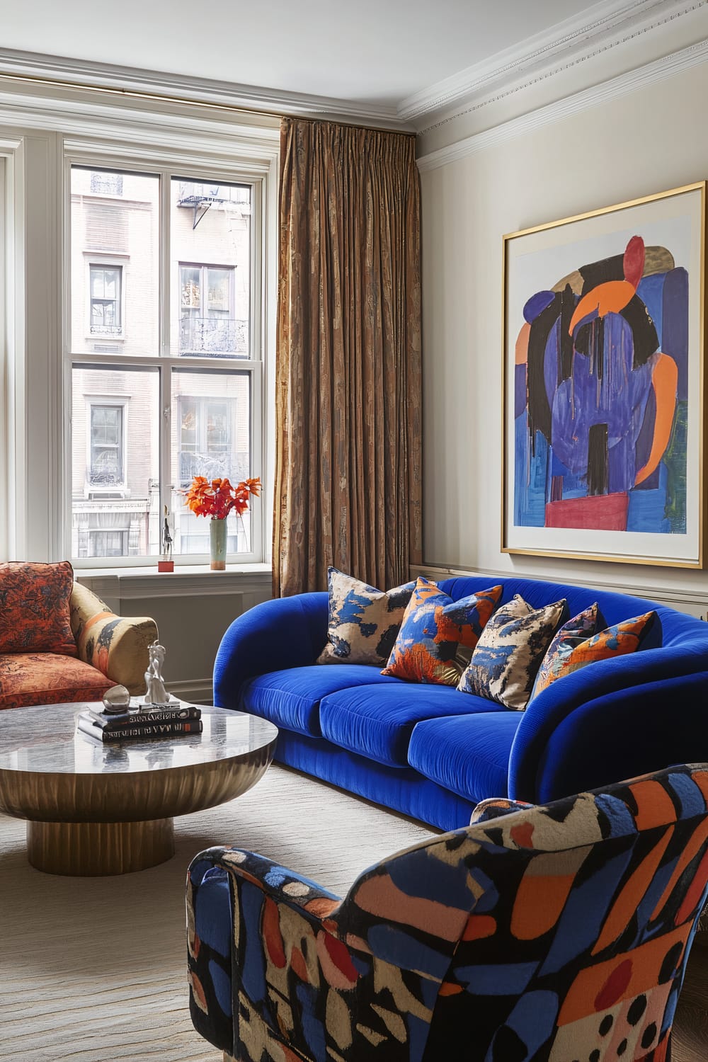 A Manhattan townhouse living room with a vibrant, bold color scheme. The room features a royal blue biomorphic sofa adorned with patterned throw pillows, and two graphic upholstered armchairs with striking multicolored patterns. A minimalist coffee table with a marble top sits in the center, holding a few decor items, including books and a small sculpture. Against the wall is a large abstract artwork in bold colors, framed in gold. The window has long, beige patterned curtains, and a vase with red flowers sits on the windowsill. The overall lighting is soft and even, highlighting the room's vibrant decor while maintaining a tidy and uncluttered appearance.