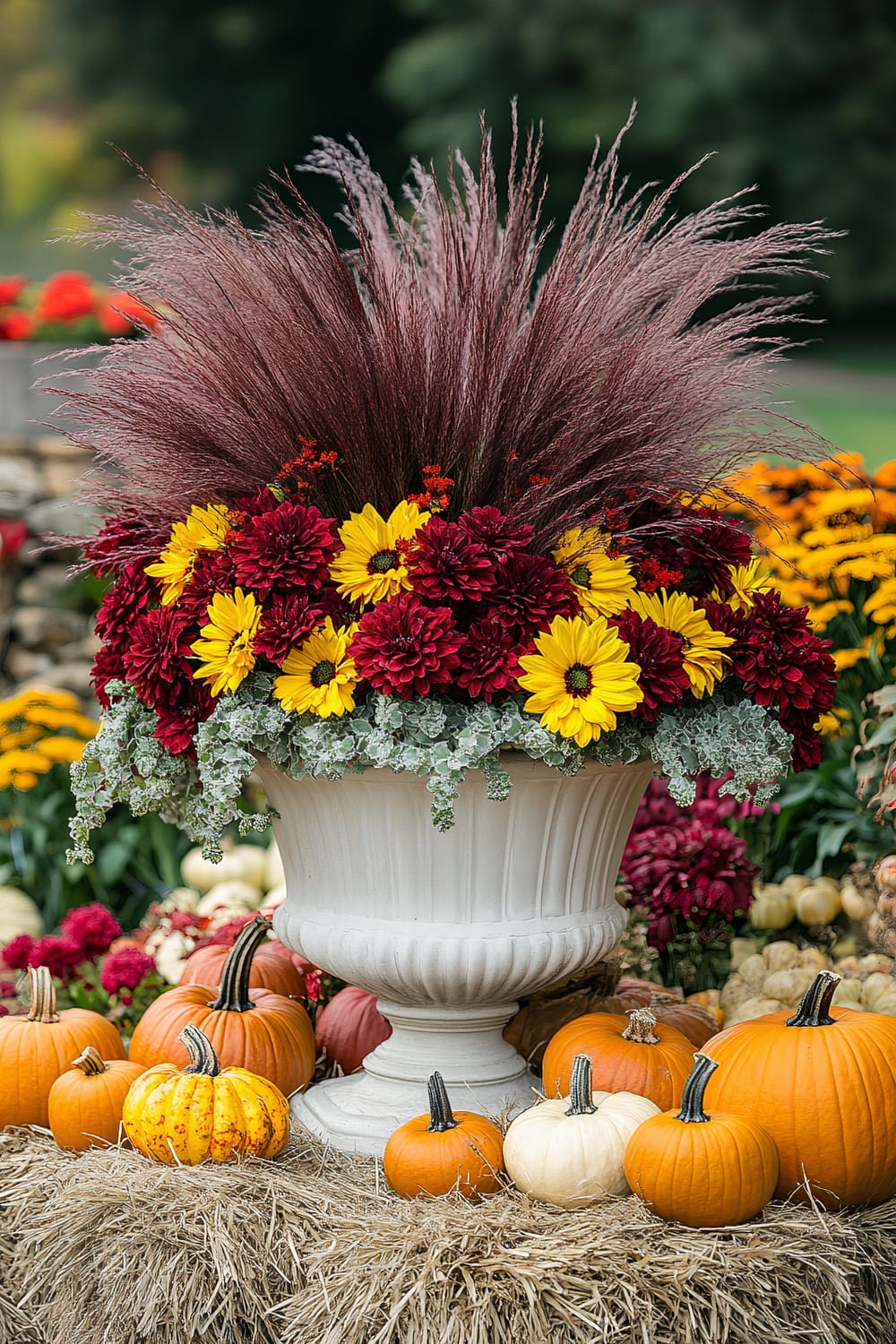 A large white urn is filled with a vibrant autumn floral arrangement. The flowers in the urn are rich red chrysanthemums and bright yellow daisies. Above the flowers, dark red feathery ornamental grasses create a striking vertical element. Below the urn, which sits on a bed of straw, are various orange and white pumpkins, enhancing the fall-themed décor. The background is filled with more autumnal flowers in shades of yellow and red.