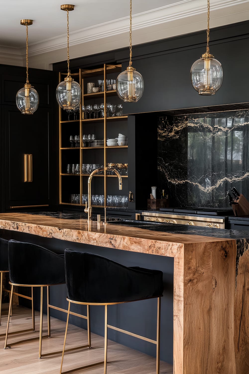 An opulent kitchen featuring a prominent island made of a natural wood slab with live edges, complemented by black granite countertops showcasing gold veining. Three luxurious black velvet bar stools with gold frames sit in front of the island. Above, three pendant lights with clear globes and brass accents hang over the island. The background reveals sleek black cabinetry with open shelving highlighted with brass frames and filled with glassware and ceramic dishes. The wall behind the stove is clad in matching black and gold-veined marble.