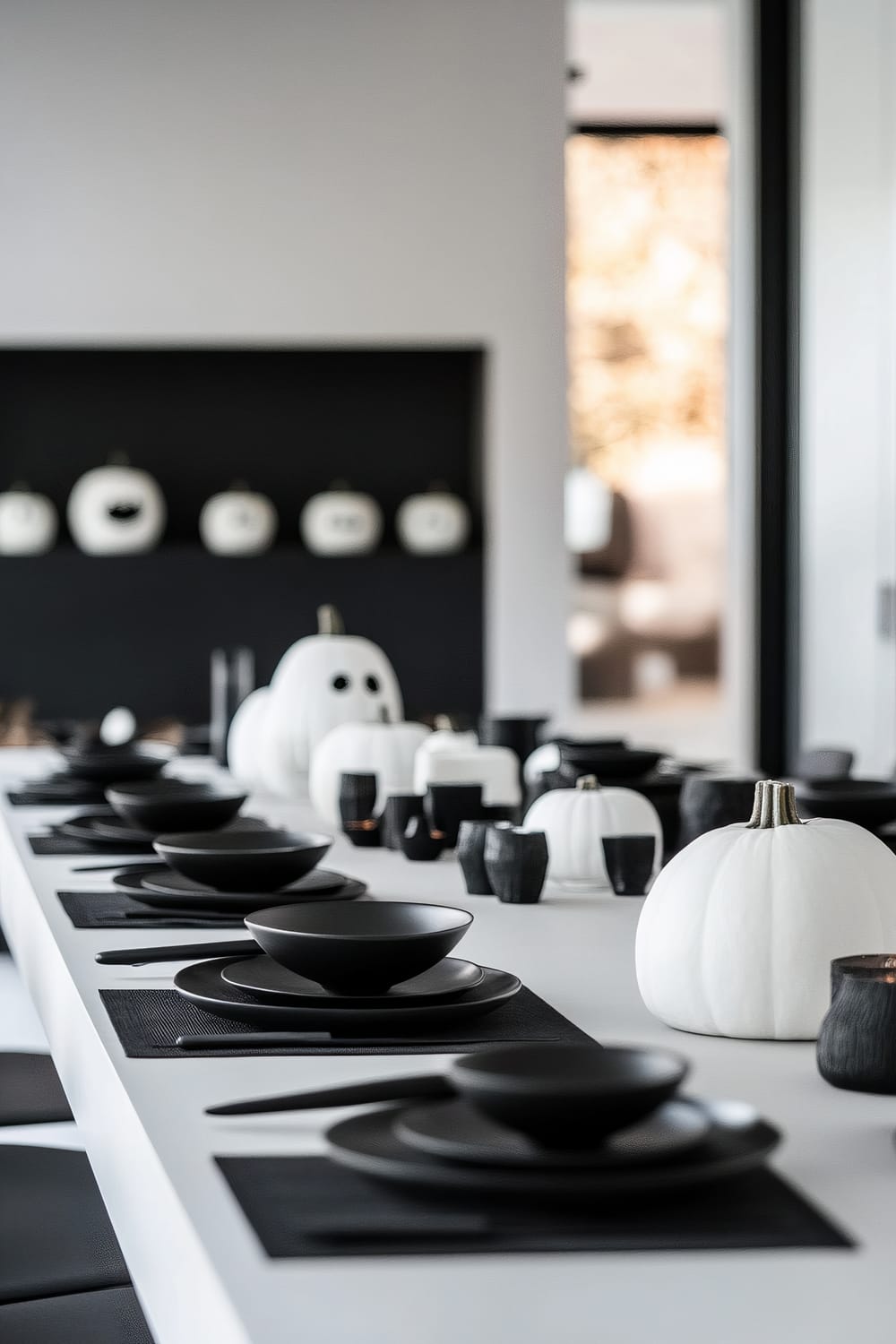 Elegantly set dining table with a modern, monochromatic Halloween theme. The tabletop features black dishware, flatware, and placemats. White pumpkins, ranging in size, serve as the central decoration and are paired with black candle holders. In the background, a black shelf displays various white pumpkins with different faces, creating a minimalist festive ambiance.