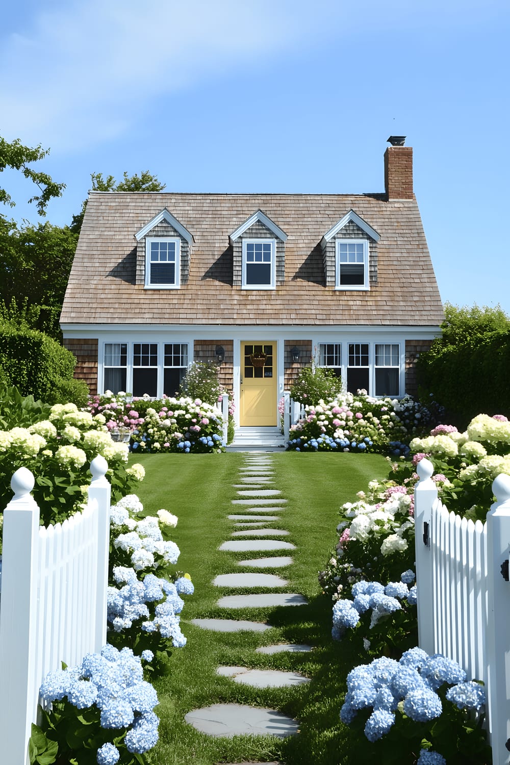 A charming Cape Cod-style house featuring a cedar-shingled exterior with crisp white trim and classic dormer windows. The house is surrounded by a white picket fence with a manicured front yard filled with lush green grass, blooming hydrangeas in pink and blue, and bright white daisies. A welcoming stone pathway leads to a pastel yellow front door which is flanked by symmetrically placed potted topiaries.