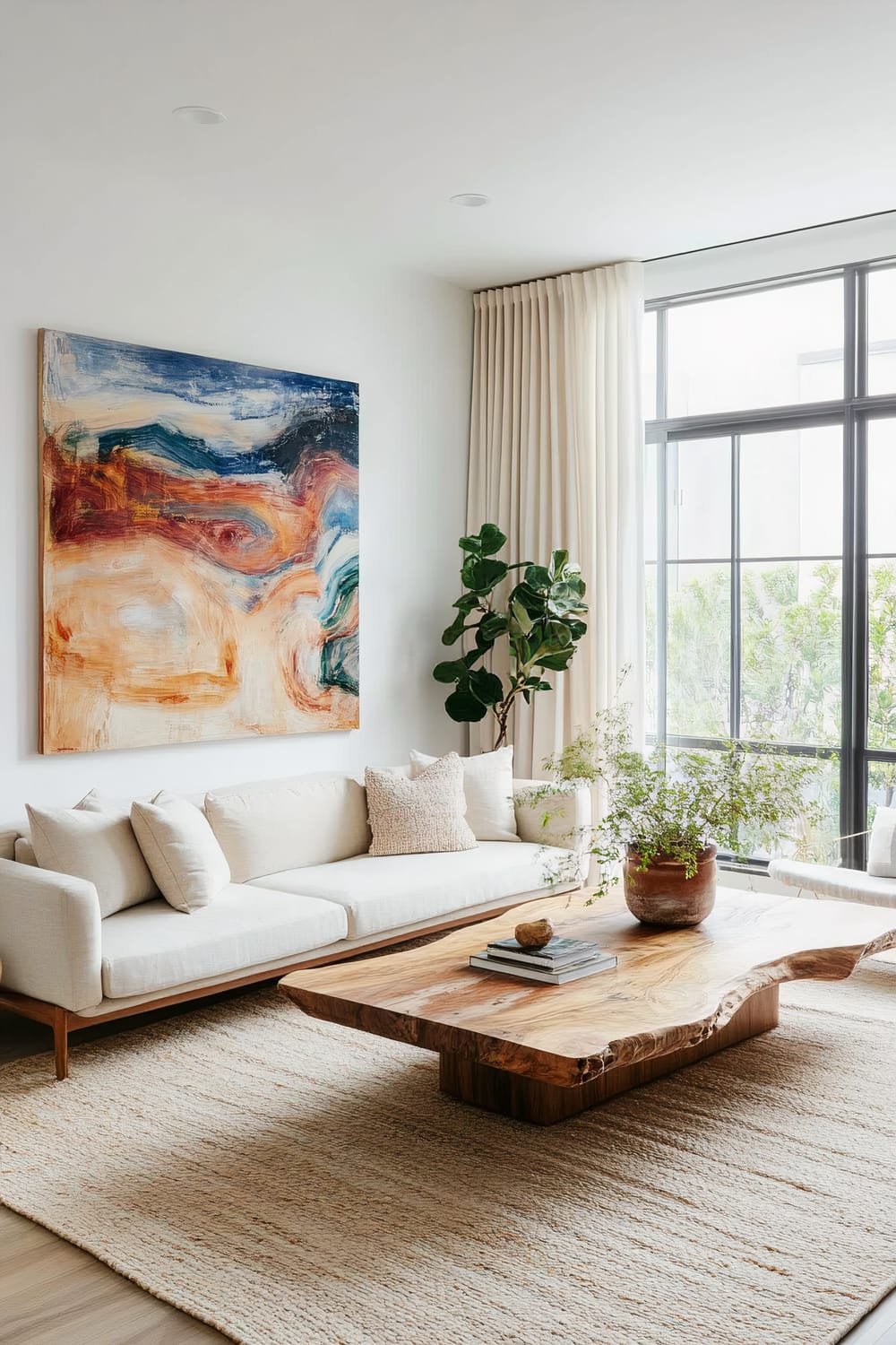 A serene living room with modern minimalism and organic warmth. A large abstract painting with bold, colorful strokes hangs above a low-profile neutral linen sofa. A rounded wooden coffee table with sculptural legs sits on a handwoven rug, with potted greenery adding a refreshing touch. Linen curtains frame a large window, allowing natural light to filter in.