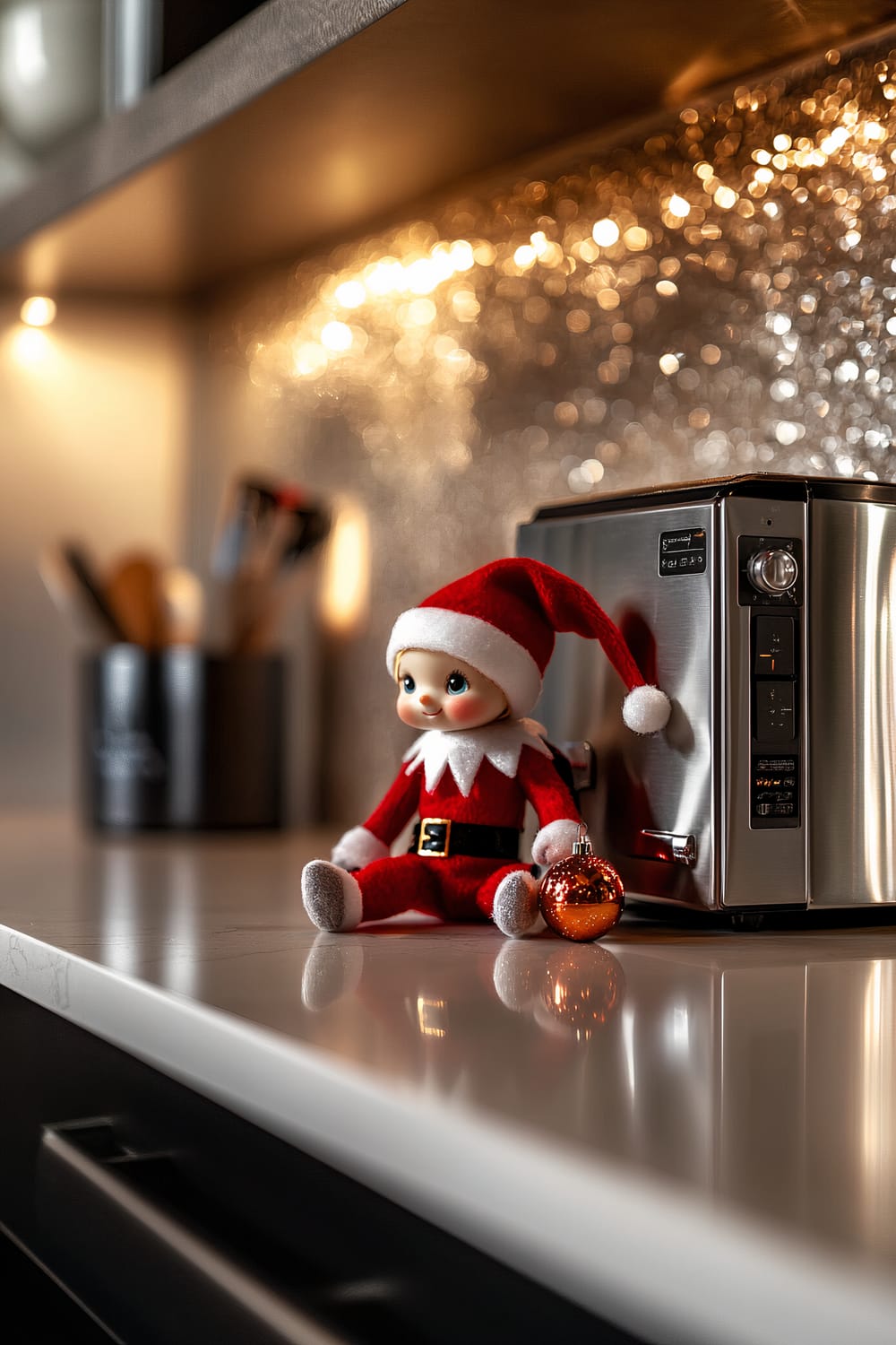 An Elf on the Shelf sits on a sleek white kitchen countertop beside a metallic kitchen appliance, holding a small orange Christmas ornament. The kitchen features metallic tones and warm, soft lighting from under-cabinet lights, enhancing the holiday ambiance.