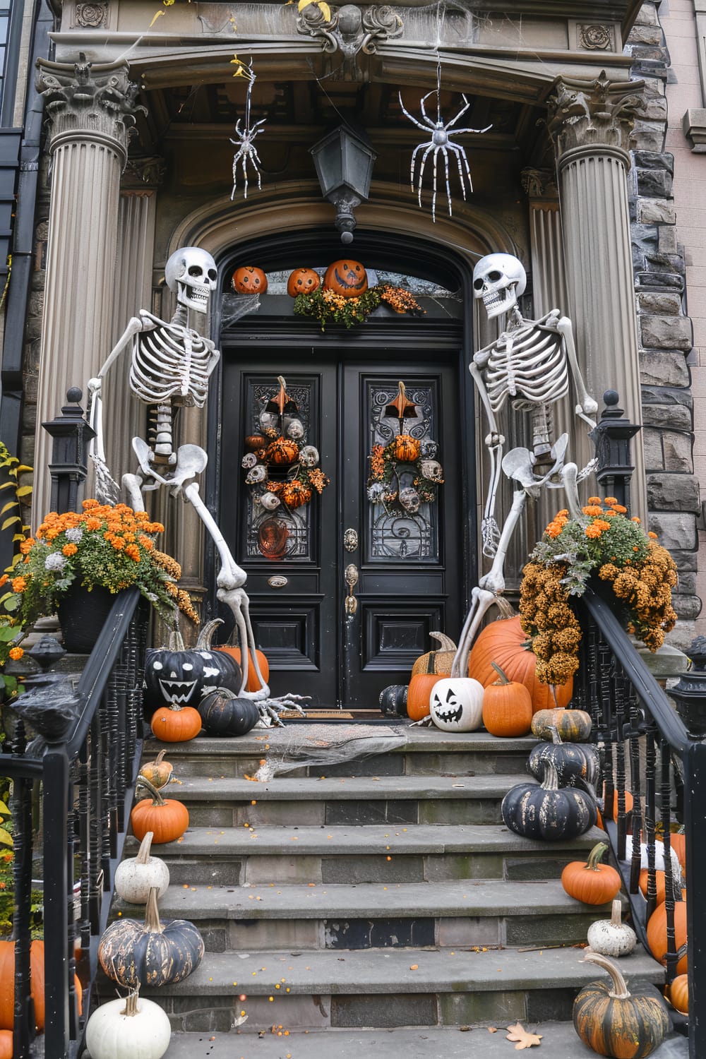 An intricately decorated front entrance of a building adorned for Halloween. Large skeletons stand guard at the top of the stairs beside the doorway, which is ornamented with wreaths featuring pumpkins and skulls. The steps and landing are embellished with a variety of pumpkins in orange, white, and black, some with jack-o'-lantern faces. Potted plants with orange flowers accentuate the decoration, while giant spider decorations hang from the porch, adding to the spooky atmosphere.