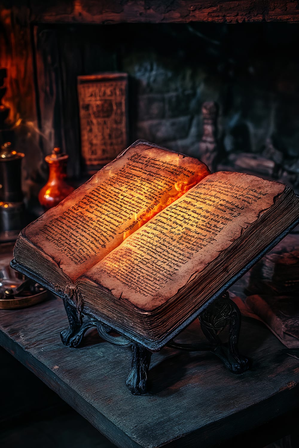 An ancient spell book rests open on a wrought iron stand in front of a fireplace. The pages of the book glow with an amber light, revealing mysterious texts and symbols. The background is shadowy, with visible old scrolls and potion bottles, evoking the atmosphere of a wizard’s study.