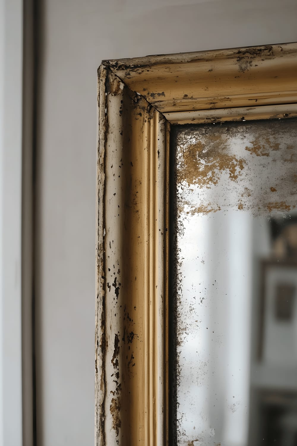 A DIY antique mirror with an uneven aged patina, set in a delicate gold leaf frame, softly reflecting natural light from an open window.