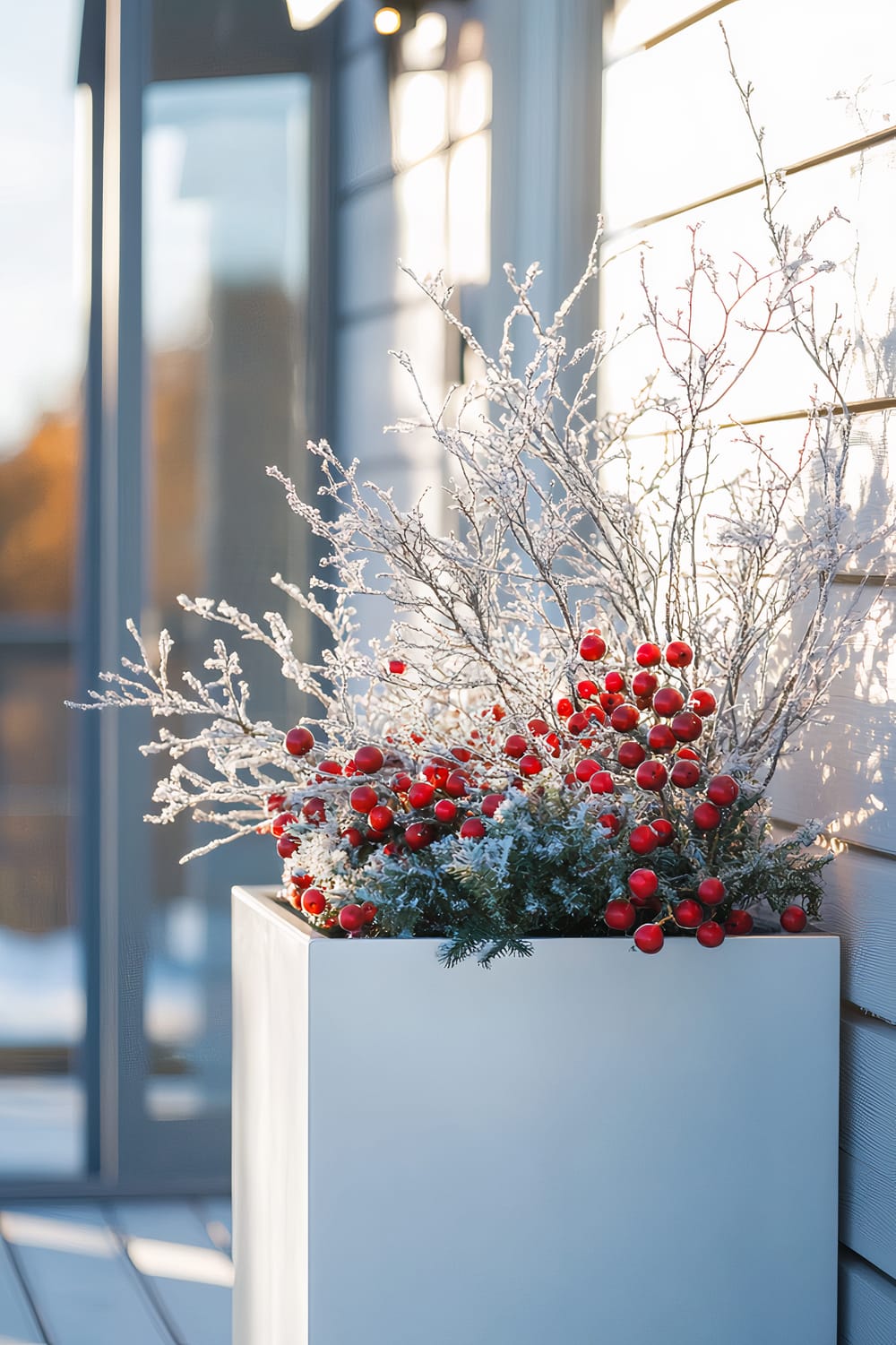 A minimalist white metal planter on a Scandinavian patio contains a neat arrangement of silver sage (Salvia argentea) and bright red winterberries (Ilex verticillata). The patio features wooden decking, simple decor, and subtle ambient lighting. The planter is placed against a white wall, with natural light highlighting the silvery foliage and vibrant berries, creating an elegant and harmonious Christmas display.