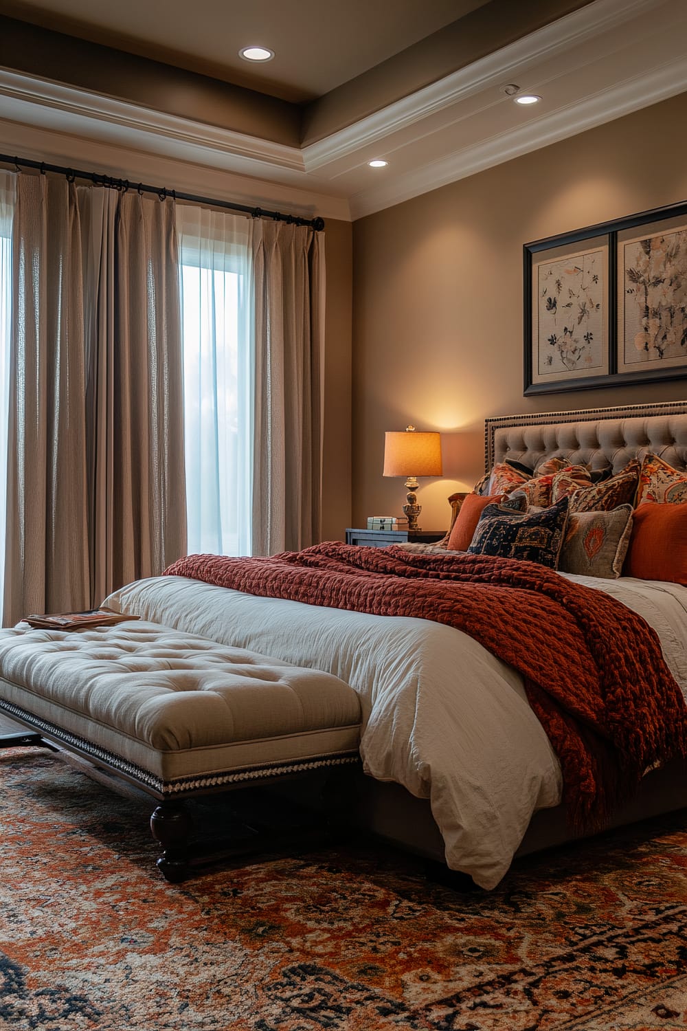 A luxurious bedroom features a large bed with a tufted headboard adorned with an array of plush pillows in earthy and autumnal tones. The bed is dressed in a white duvet with a rich, burnt orange knitted throw draped over it. A tufted bench sits at the foot of the bed. The room is warmly lit with a table lamp on a nightstand next to the bed. Large windows with sheer and heavier drapes allow natural light to filter in, complementing the recessed ceiling lights. The floor is covered in an intricately patterned rug in harmonizing hues.