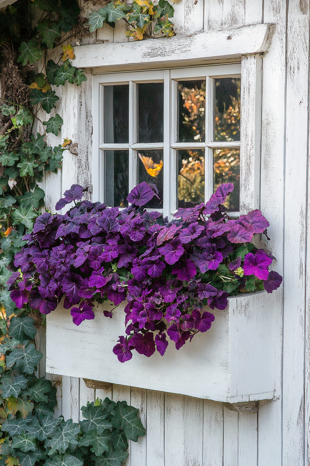 A wooden window box attached to a weathered, white-painted wall holds a lush array of vibrant purple flowers with broad green leaves. The wall surrounding the window is adorned with ivy, adding a touch of rustic charm.