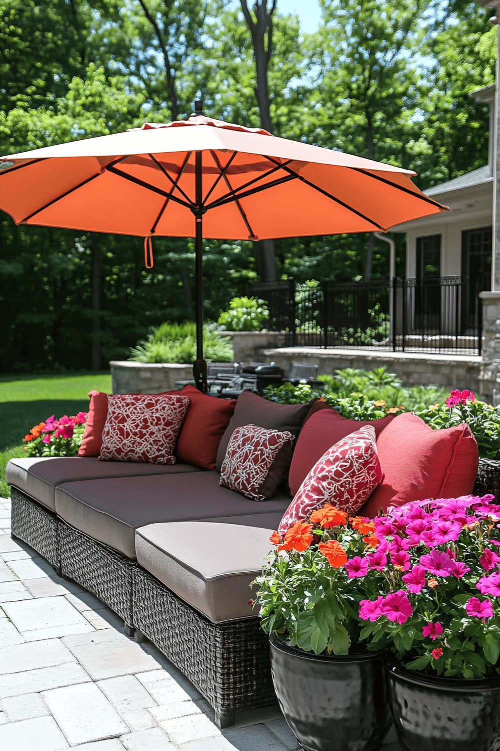 A modern backyard with a comfortable L-shaped couch under a large umbrella, surrounded by vibrantly blooming flowers in decorative pots set amidst lush green grass. In the background, a contemporary house and patio area can be seen.