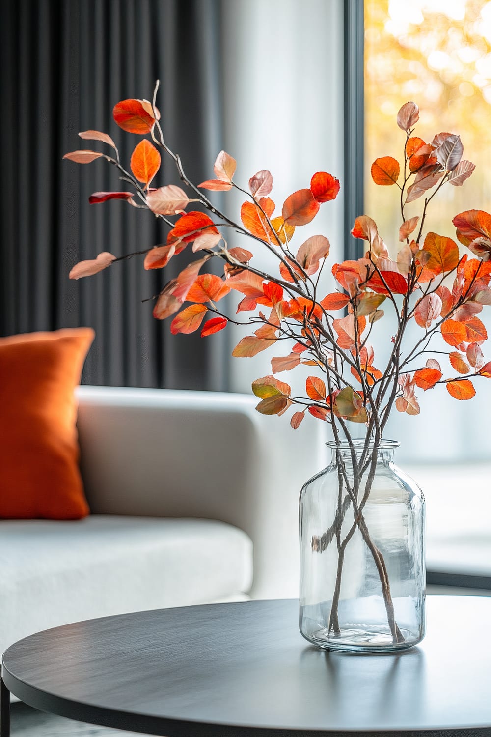 A modern coffee table with a glass vase filled with branches of red and orange leaves, placed in front of a neutral-colored sofa with an orange cushion. The background features floor-to-ceiling curtains and a window showing autumn foliage outside.