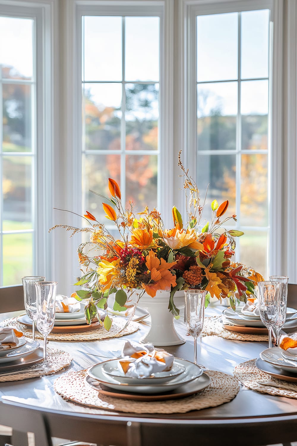 A dining table set for a meal is placed in a room with large, tall windows that allow ample sunlight to flood in. The round table features a vibrant fall-themed centerpiece with an assortment of orange, yellow, red, and green foliage arranged in a white vase. Surrounding the centerpiece, place settings include gray plates, white napkins tied with orange fabric, and clear glassware. Each setting rests on a woven placemat, and the gleaming glassware and plates reflect the natural light streaming in.