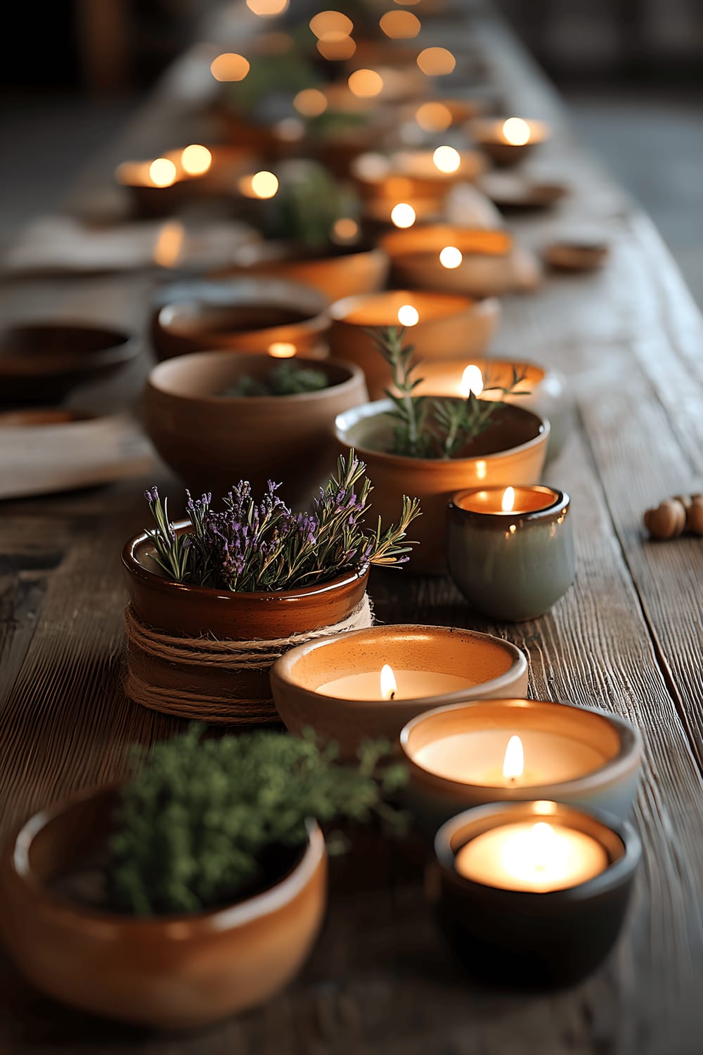 An artisan-inspired centerpiece displayed on a reclaimed wooden table in soft, natural light. The centerpiece comprises of hand-thrown ceramic bowls in earthy tones housing different handmade candles and small potted herbs such as rosemary and thyme. The arrangement is accentuated by natural elements like twine, dried lavender sprigs, and wooden beads. The table is adorned with a simple linen runner underneath the centerpiece.