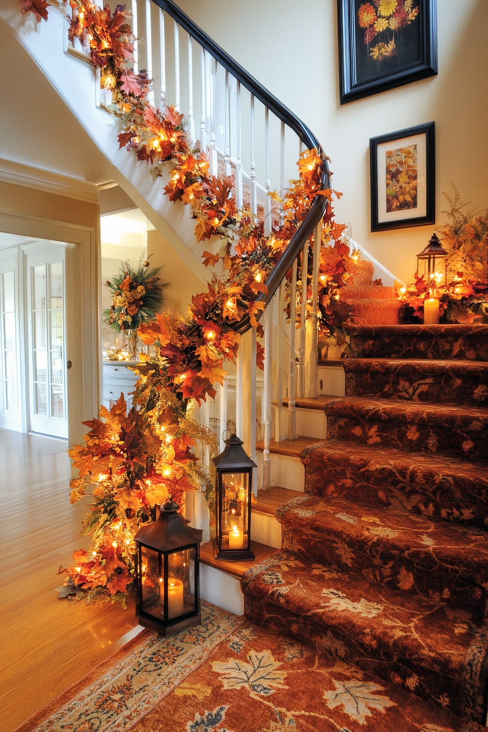 An interior scene featuring a staircase adorned with autumn-themed decorations. The banister is wrapped with garlands of artificial fall leaves and illuminated by small, warm lights. Two black lanterns with lit candles sit on the steps, and more candles are placed along the landing. The staircase is covered with a carpet that has an intricate leaf pattern. Walls are decorated with framed art featuring floral themes.