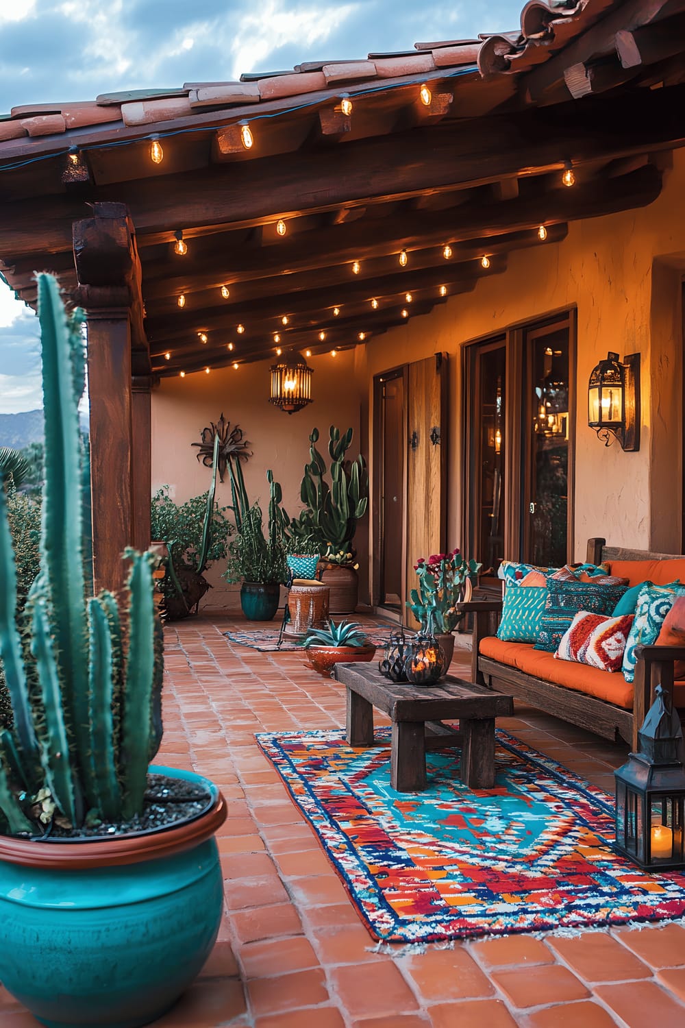 A charming Southwestern desert patio at twilight, featuring a terra cotta-tiled floor with rustic wooden furniture embellished by intricate carvings and colorful woven textiles in orange, red, and teal. Succulents and large cacti in decorative pots scattered throughout the space add a natural touch, while the ambience is further enriched by the soft glow from lanterns and string lights.