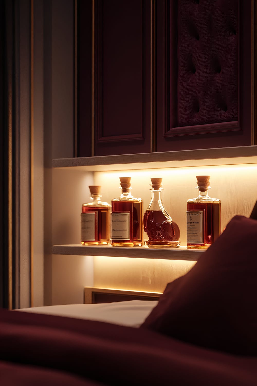 An elegant bedroom featuring a minimalist shelf displaying potion bottles with cork stoppers illuminated by soft ambient lighting. The room has rich burgundy and gold accents, with the deep burgundy headboard and pillows complementing the sophisticated look. The overall design is clean, organized, and exudes an enchanting atmosphere.