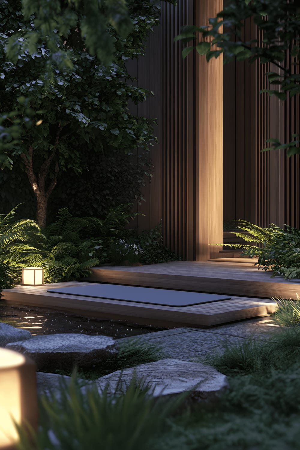 A modern garden corner designed as a yoga and meditation space featuring a flat wooden platform with a minimalist gray yoga mat. The area is surrounded by a diverse variety of greenery - low ferns, mid-height shrubs, and tall decorative grasses. Ambient light from subtle lanterns complements the peace and tranquility of the scene, further enhanced with a sleek outdoor water feature emitting calming sounds.