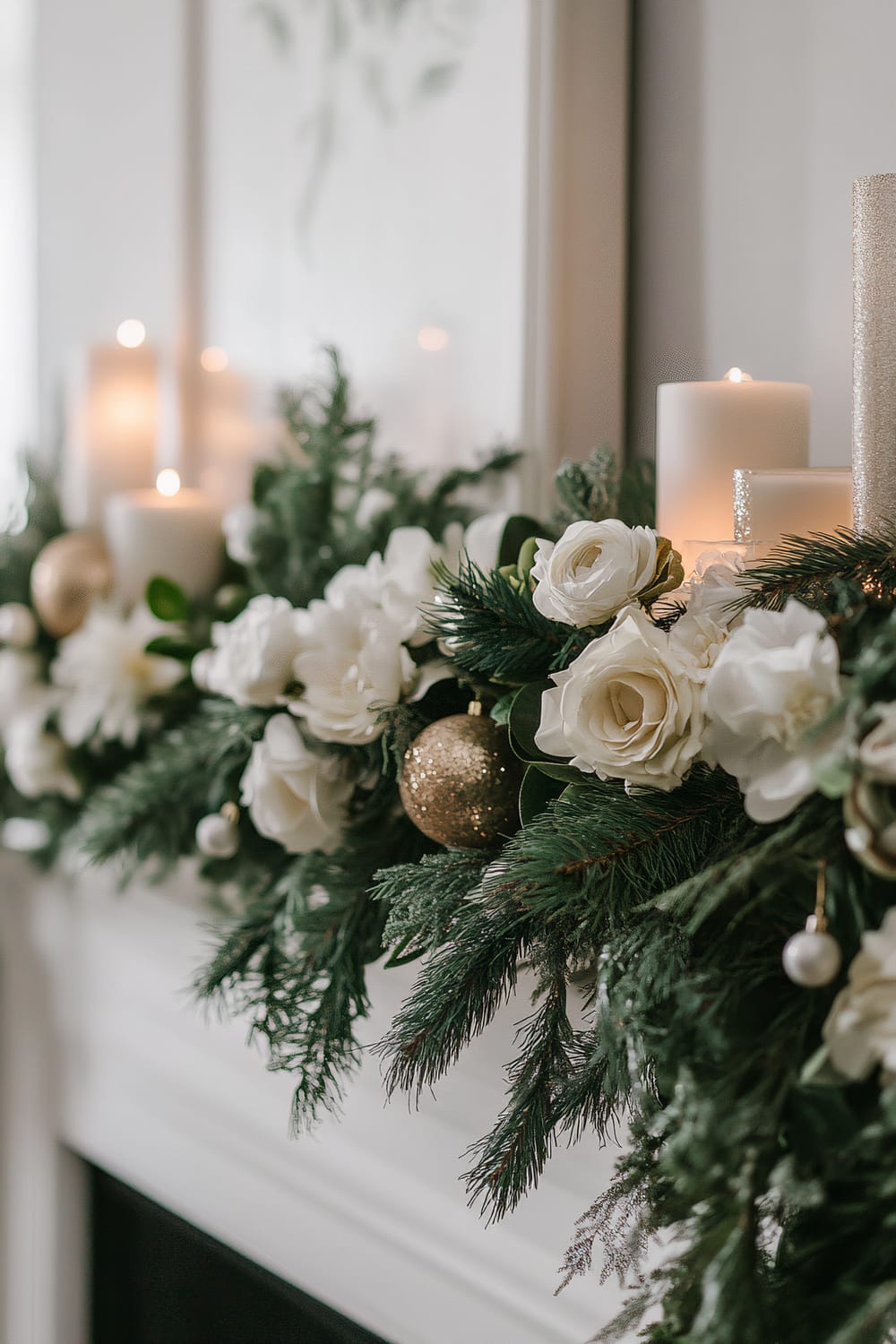 A luxurious garland draped over a minimalist mantle, composed of muted green foliage, white flowers, and subtle metallic ornaments, with soft ambient lighting enhancing its rich textures. White candles are placed on top of the mantle, adding to the scene's warm and elegant atmosphere.