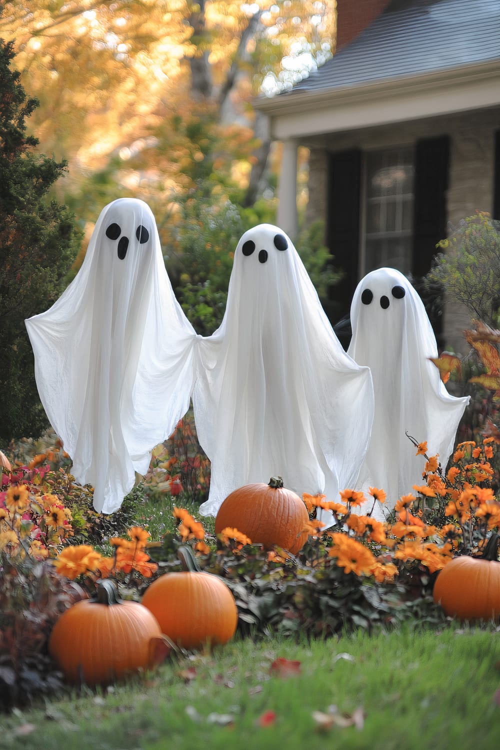 Three ghost decorations made from white sheets with black fabric eyes are set up in a residential yard. The scene is complemented by an array of orange pumpkins placed among vibrant fall flowers and greenery. In the background, a house with dark shutters and a roof is partially visible, surrounded by autumn-colored trees.