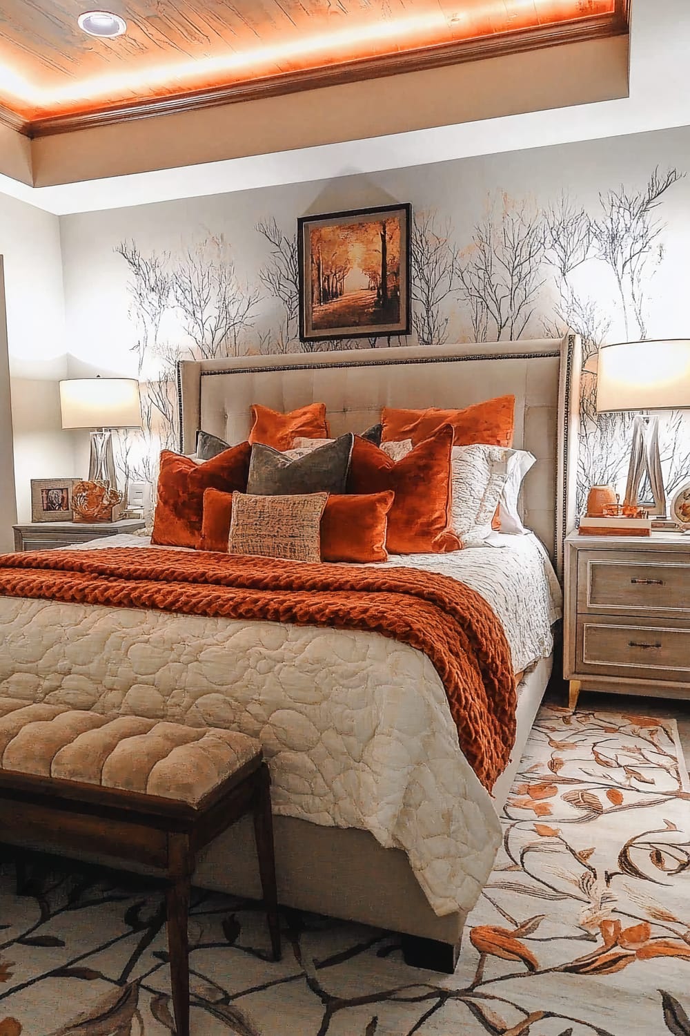 A bedroom with a beige upholstered bed adorned with a variety of burnt orange and grey accent pillows. The bed has a knitted orange throw and a textured white quilt. The room features a wallpaper with a tree motif and a framed painting of an autumn scene above the bed. There are nightstands on either side of the bed with table lamps and decorative items. The ceiling has recessed lighting with a warm hue, and a patterned rug with tree branch designs covers the floor. A cushioned bench is placed at the foot of the bed.