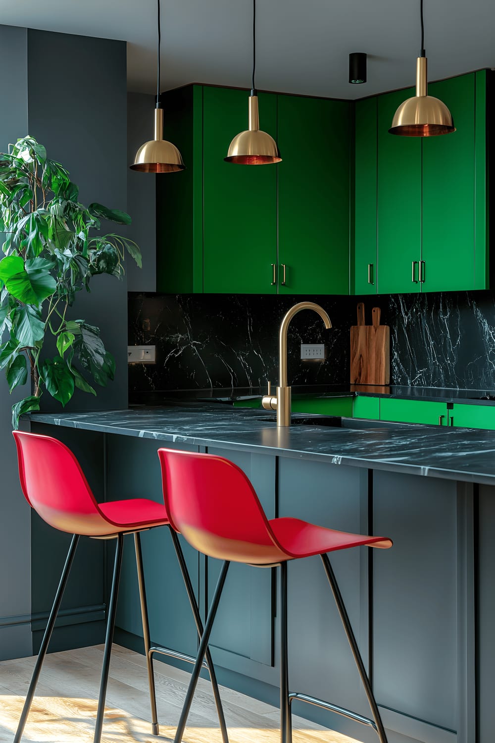 A modern kitchen featuring bold neon green silicone accents on the chrome cabinetry, complimented by matte black marble countertops. Seating includes a single cobalt blue metal bar stool adjacent to a kitchen island, and oxblood red vintage wood dining chairs around a rectangular table. The space is lit with gold leafed brass pendant lights, with a spare emerald green plant acting as the sole decor, keeping the kitchen vibrant yet minimally styled.