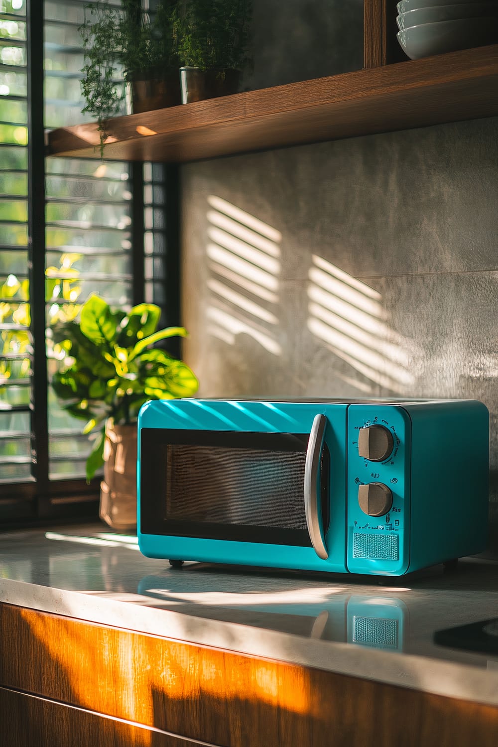 An unconventional and bold turquoise microwave with a unique design is set on a clean and minimalist kitchen counter. The kitchen background is spacious, with wooden shelves and green plants, and the entire scene is lit by natural light streaming through horizontal blinds.