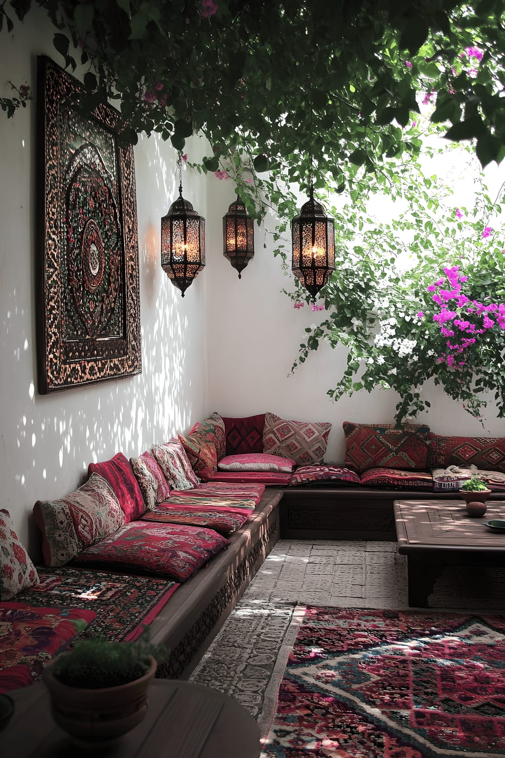 A luxurious Moroccan garden lounge showcasing low wooden seating adorned with vibrant embroidered cushions. Flickering lanterns cast intricate shadows on the textured walls, while potted date palms provide cooling shade in the background. The atmosphere suggests a serene and exotic ambiance evoked by the design.