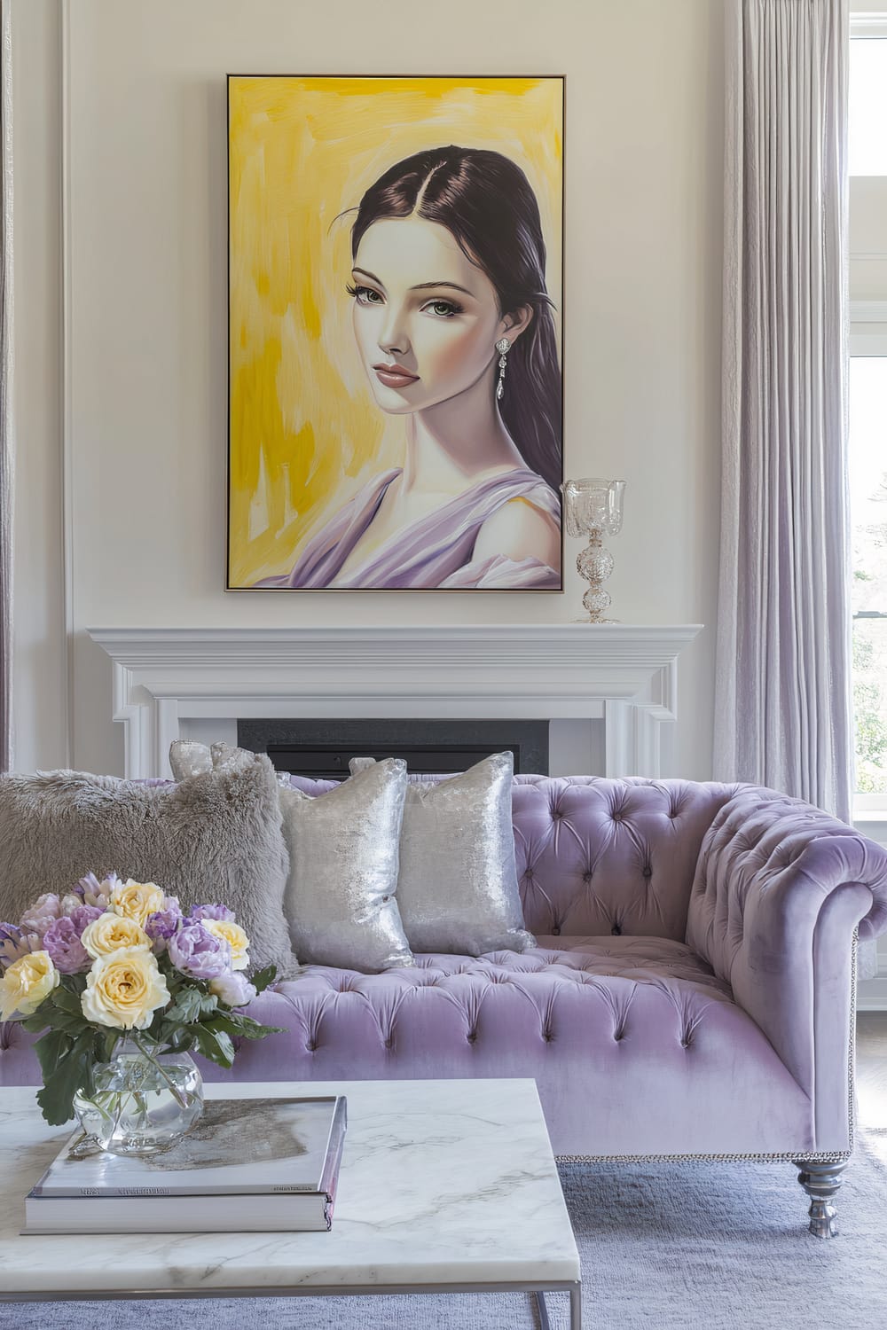 An elegantly styled living room features a soft lavender tufted velvet sofa adorned with silver accent throw pillows. Above the white fireplace hangs an oversized vibrant painting of a woman in shades of bright yellow and magenta. The room has pale cream walls, a marble coffee table, a soft gray rug, and sheer lavender curtains that allow natural light to flood in. A vase with fresh yellow and lavender flowers sits on the coffee table.