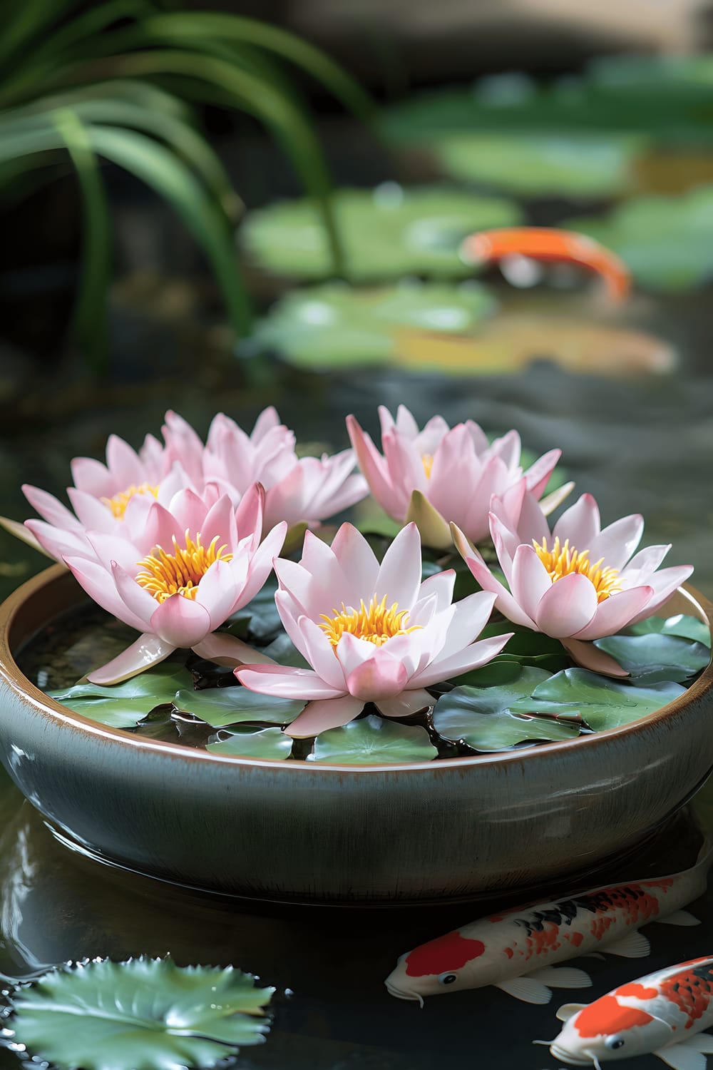 A floating ceramic water planter in a pond, filled with blooming pink lotus flowers and delicate water lilies. Beneath the surface, koi fish are visible, their bright gold and red scales contrasting against the murky water. The planter serves as a picturesque focal point that enhances the tranquil and contemplative ambiance of the garden.