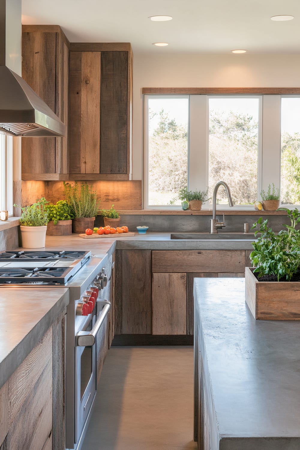 A rustic kitchen with warm wooden cabinets, concrete countertops, and a farmhouse-style sink. Various green plants and herbs in pots are placed around the countertops. A stainless-steel stovetop and oven are visible, and large windows allow ample natural light to fill the space.