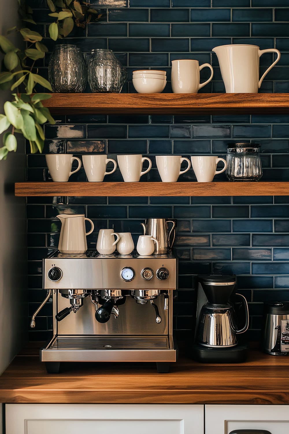 A well-organized coffee station featuring a silver espresso machine and a coffee maker on a wooden countertop. Above, two wooden shelves display white mugs, pitchers, bowls, and clear glass jars against a dark blue subway tile backsplash. Greenery hangs from the left side, adding a touch of natural decor.