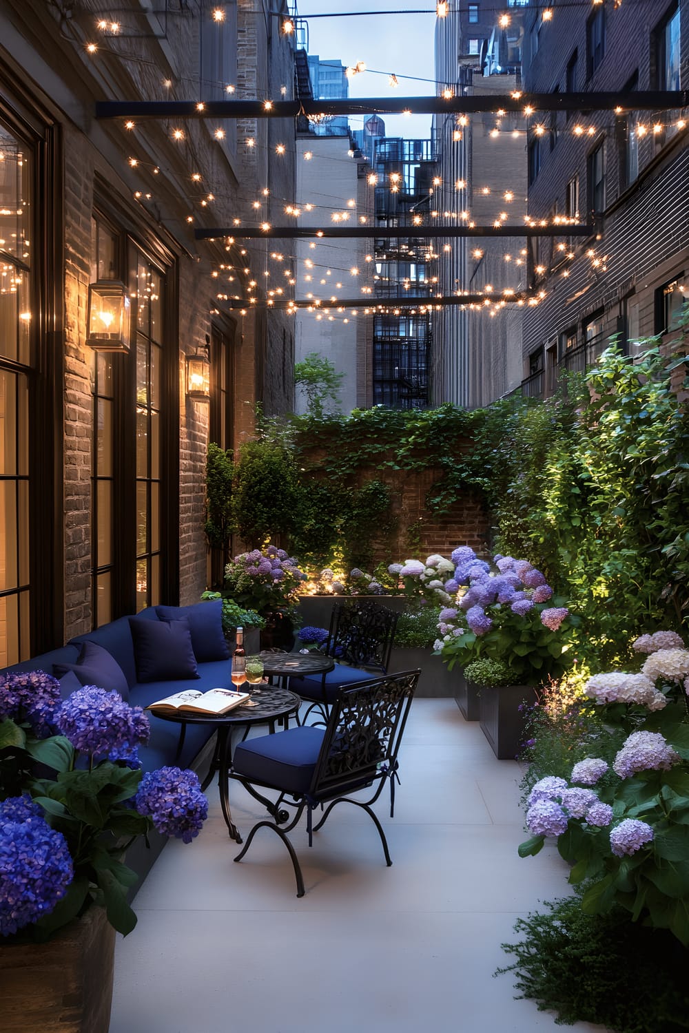 A small urban patio space with clean concrete flooring, adorned with an array of overhead string lights. There is a rustic iron bistro set with navy-blue cushions in the middle, encircled by potted lavender and white hydrangeas. A small side table with an open book and a glass of rosé further enhances the atmosphere.