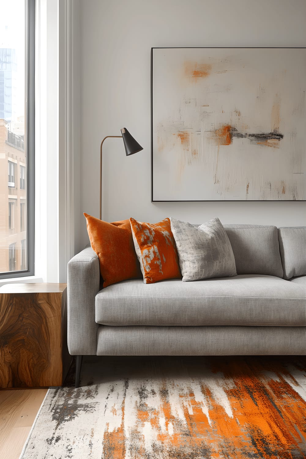 The image displays a modern, stylish apartment living room viewed from a corner window. It features a gray sofa placed near a reclaimed wood side table and seated on top of a vibrant abstract rug. Windows on two walls let in abundant natural light, creating a well-lit, balanced ambiance.