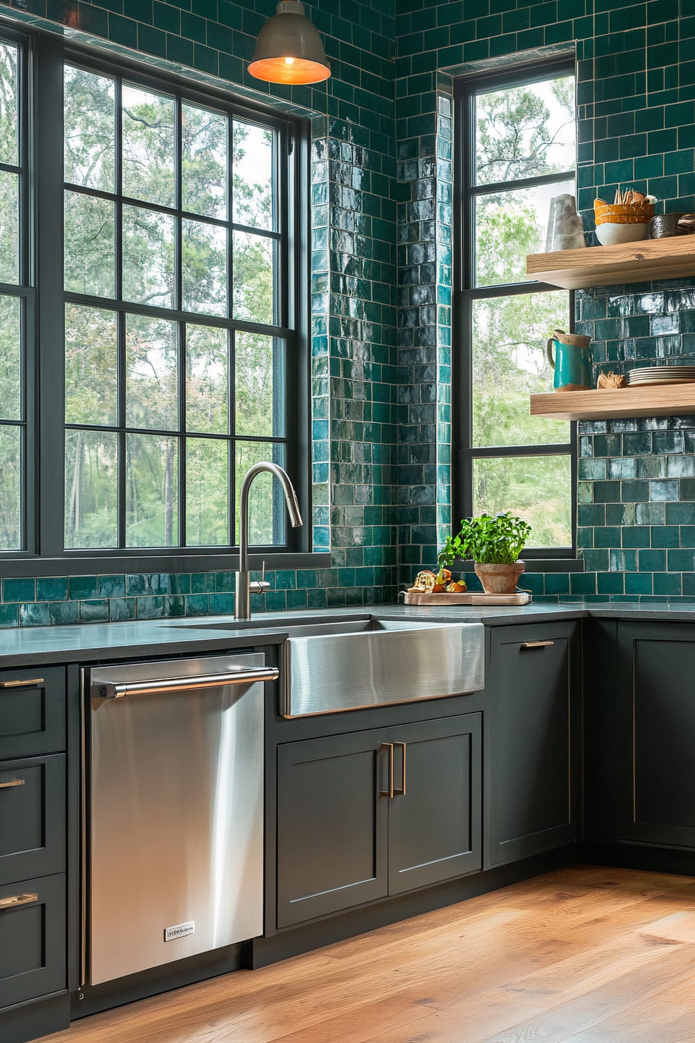 A farmhouse kitchen with dark charcoal cabinets, a stainless steel dishwasher and farm sink, teal backsplash tiles, open wooden shelving with ceramic dishware, and large industrial windows that allow natural light to flood the space.