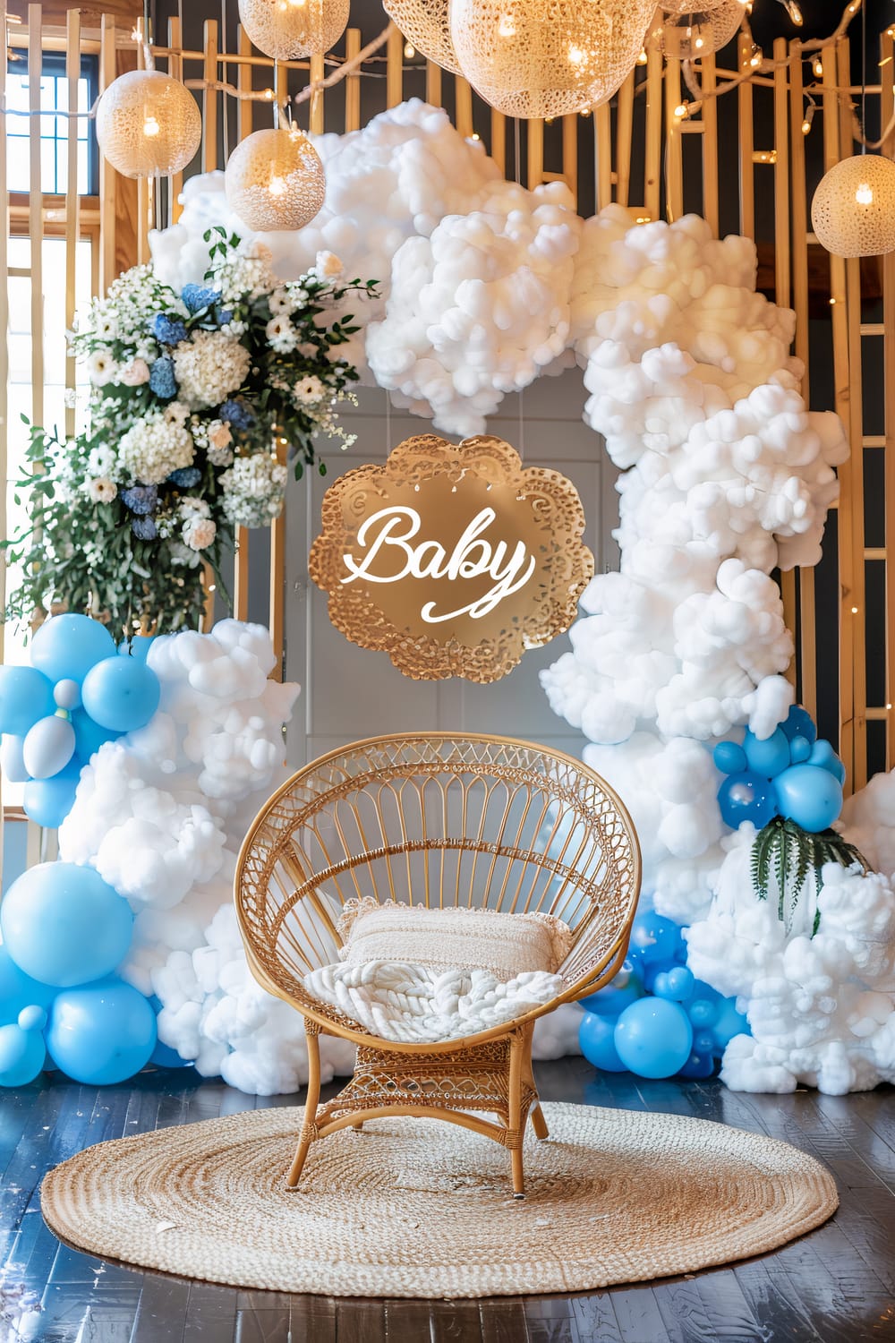 A beautifully decorated setting for a baby shower with a wicker chair at the center, resting on a circular woven rug. Behind the chair, a backdrop features cloud-like decorations, blue balloons, and a floral arrangement with white and blue flowers. The word "Baby" is displayed in an ornate sign. Hanging lanterns with warm lights add a cozy ambiance to the scene.