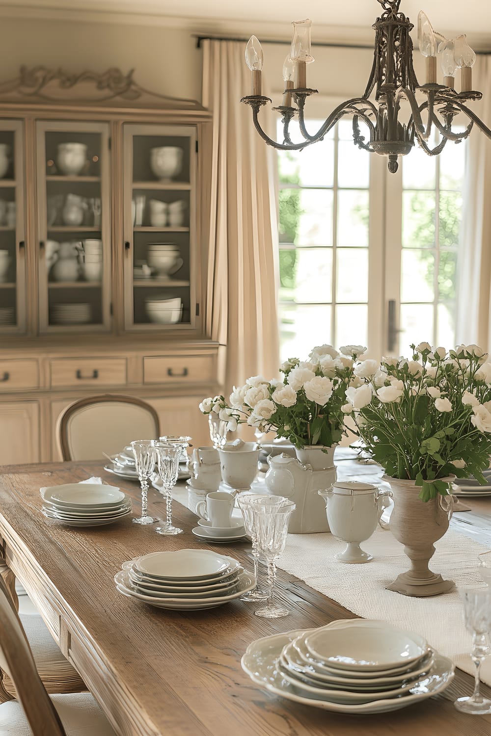 A sophisticated French country dining room with a large wooden table set with elegant ceramic plates. Warm light is cast from wrought-iron chandeliers hanging above the table, and a vintage-inspired buffet displaying fine china stands against the wall. The room's rustic wooden furniture and soft, muted colors are complemented by fresh flowers in a simple vase on the table.