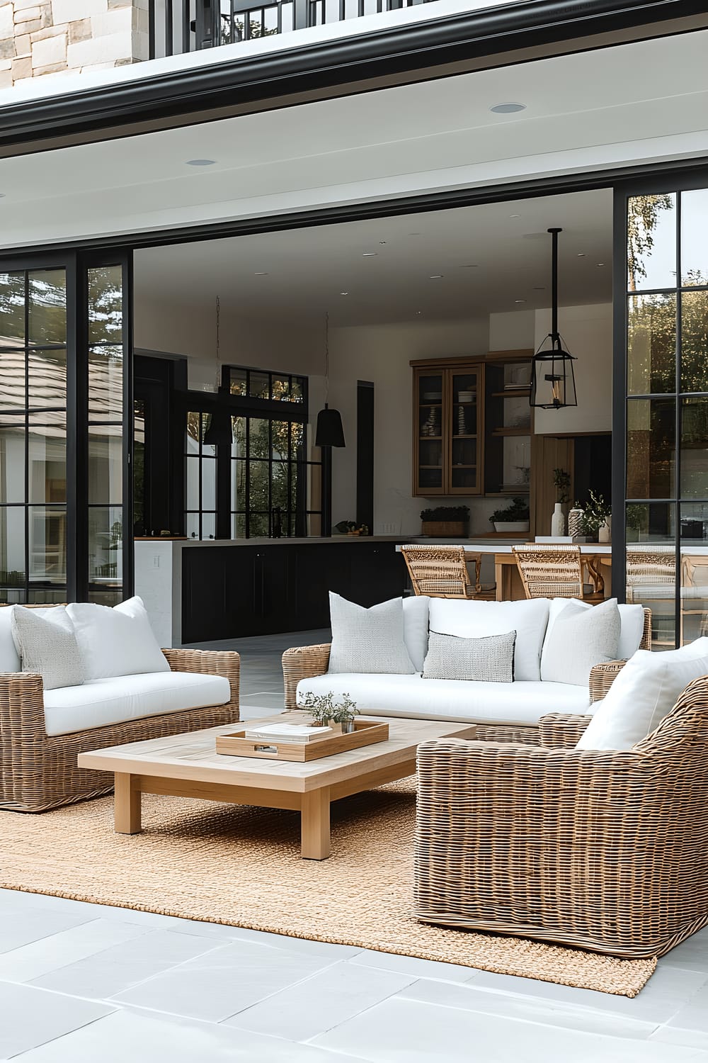 A modern outdoor patio setting featuring wicker furniture with white cushions, a natural wood coffee table styled with a minimalistic tray and books, all placed on a natural jute rug. The large black-framed glass doors in the backdrop reveal a sleek interior kitchen with bar seating. The setting is accentuated with potted greenery and subtle lighting.