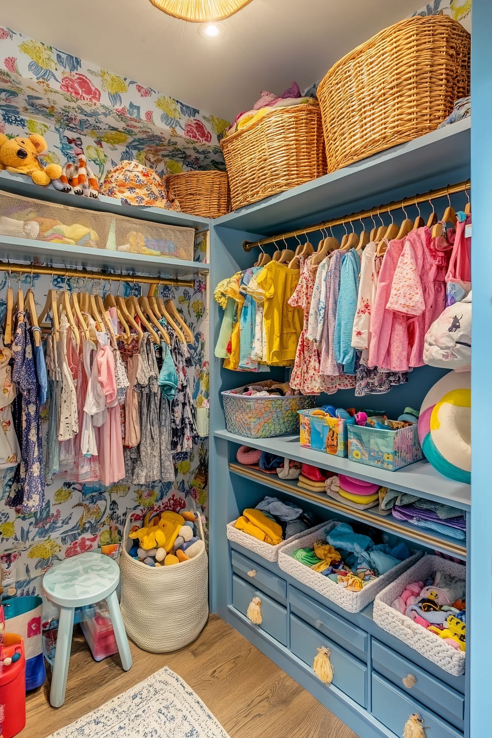 A colorful child-friendly closet with open shelving, lower-hanging rods, and soft fabric bins and baskets. Clothes are hung on lightweight wooden hangers, and a patterned wallpaper with lively designs covers the back wall. The space is decorated with a small stool, soft toys, and bright lighting.