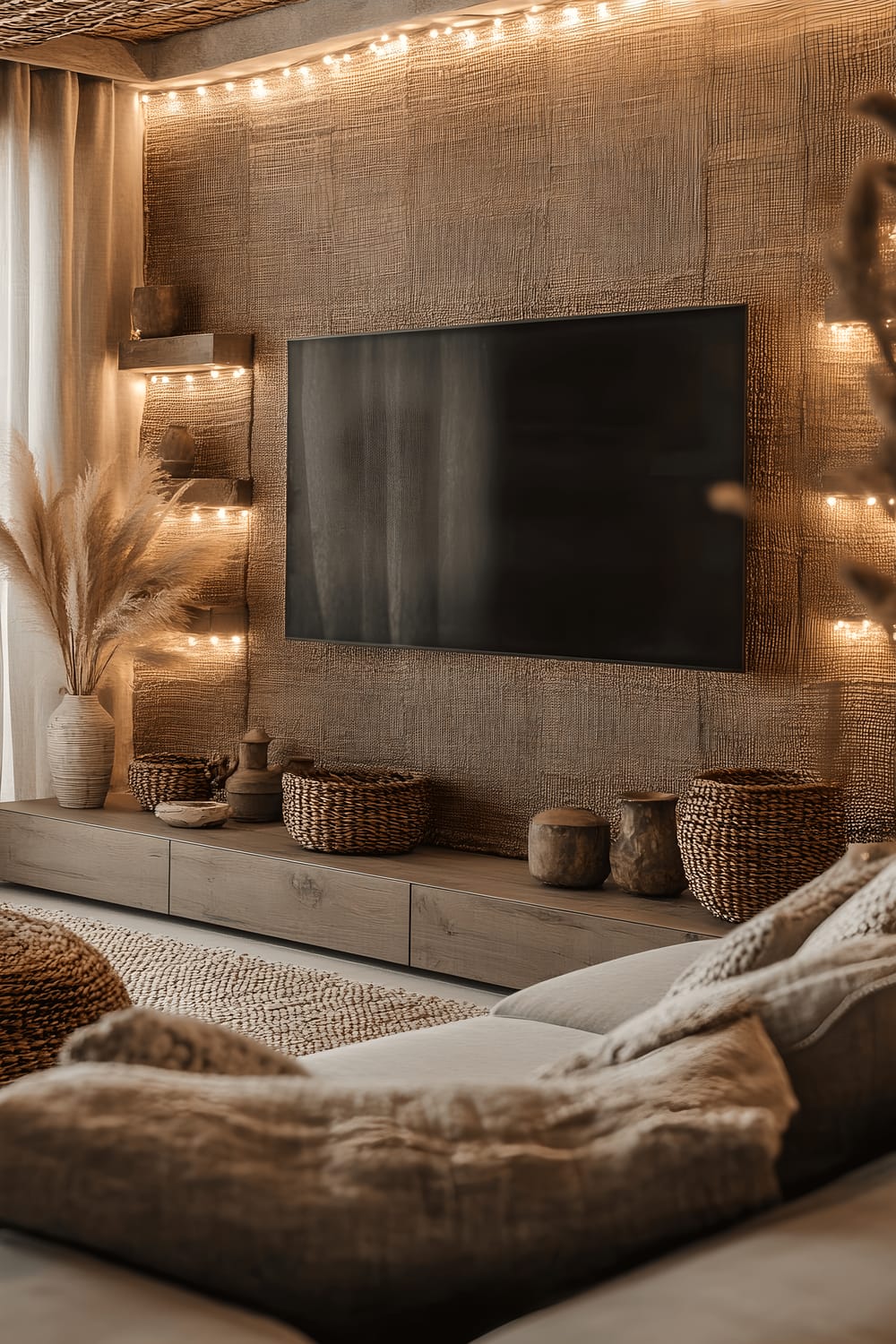 A television wall showcasing a visual blend of design elements including textured fabric panels in muted earthy tones. On floating shelves placed asymmetrically, there are various decorative pieces such as woven baskets and ceramic vases. Soft string lights are seen intricately woven through the decor, emitting a warm glow that enhances the charm of the set-up.