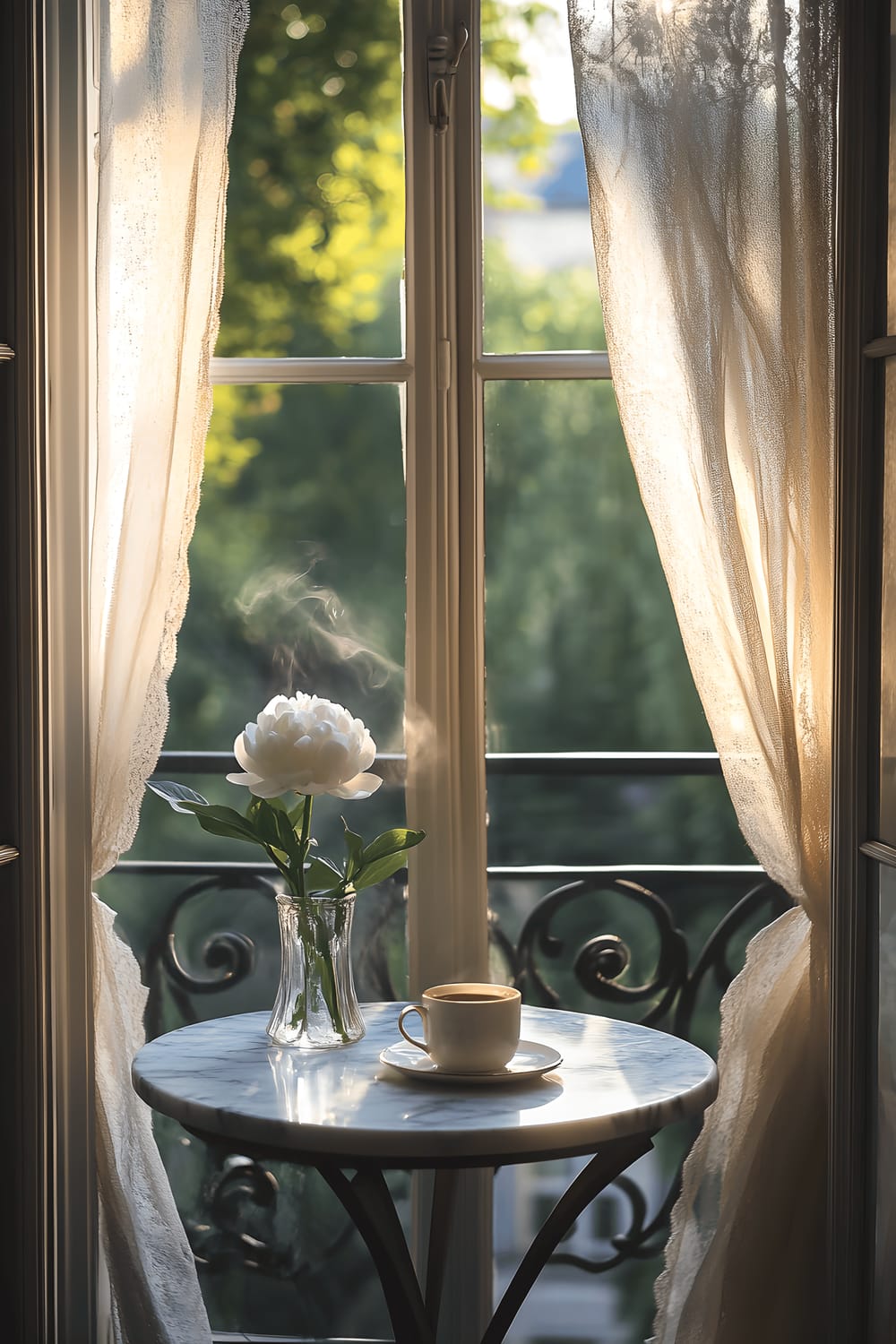 A Parisian balcony at sunrise featuring delicate wrought iron railing, an elegant marble bistro table adorned with a single white peony in a glass vase, and a steaming cup of coffee. The open French doors are framed with sheer curtains billowing in the breeze.